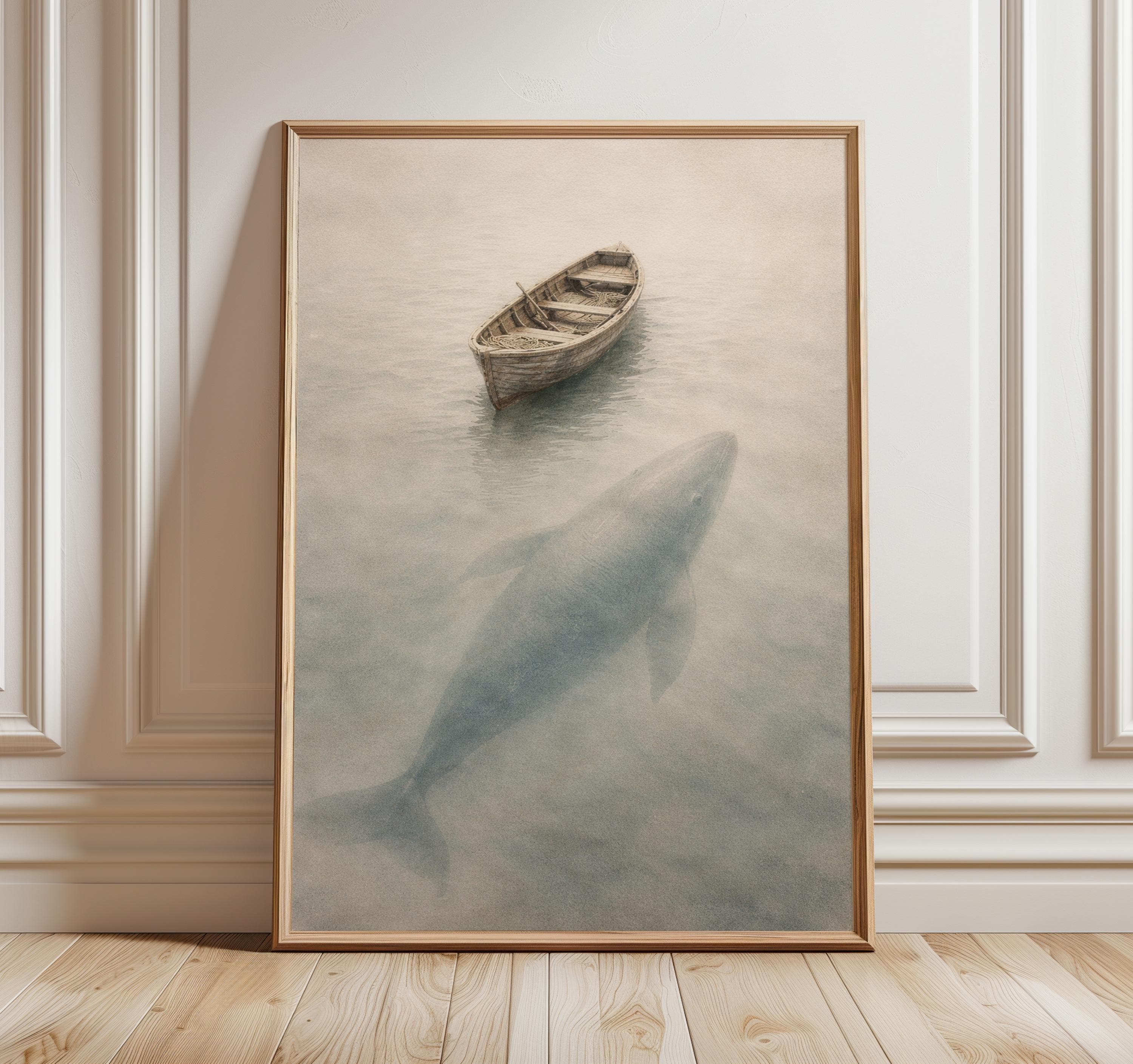 Whale Under Boat Print, Minimalist Coastal Wall Art, Boho Ocean Poster, Neutral Nautical Decor, Vintage Rowboat Whale Artwork