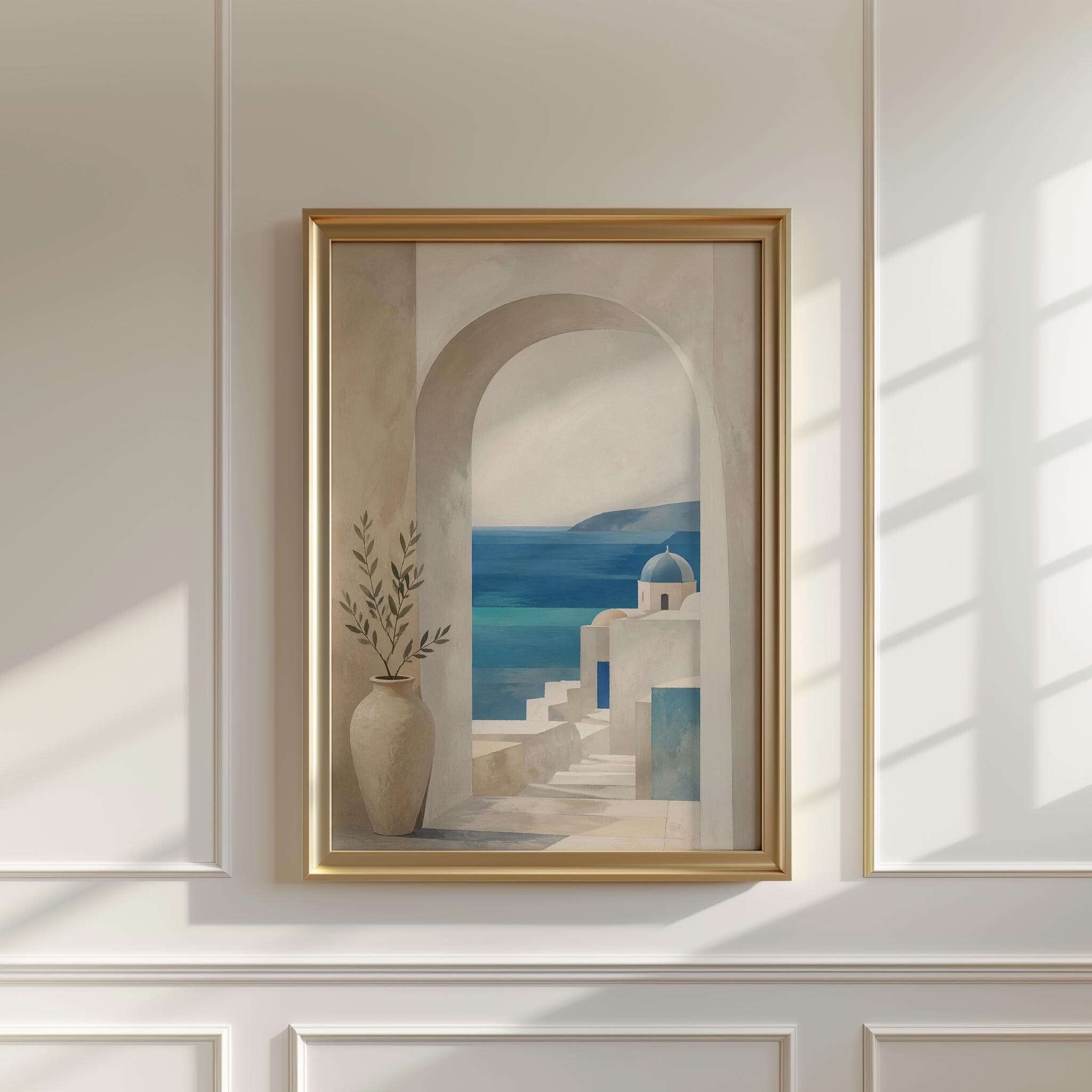 Mediterranean Arch Wall Art, Santorini Minimal Print, Neutral Coastal Decor, Blue Sea View Poster, Japandi Style Wall Art - image 3