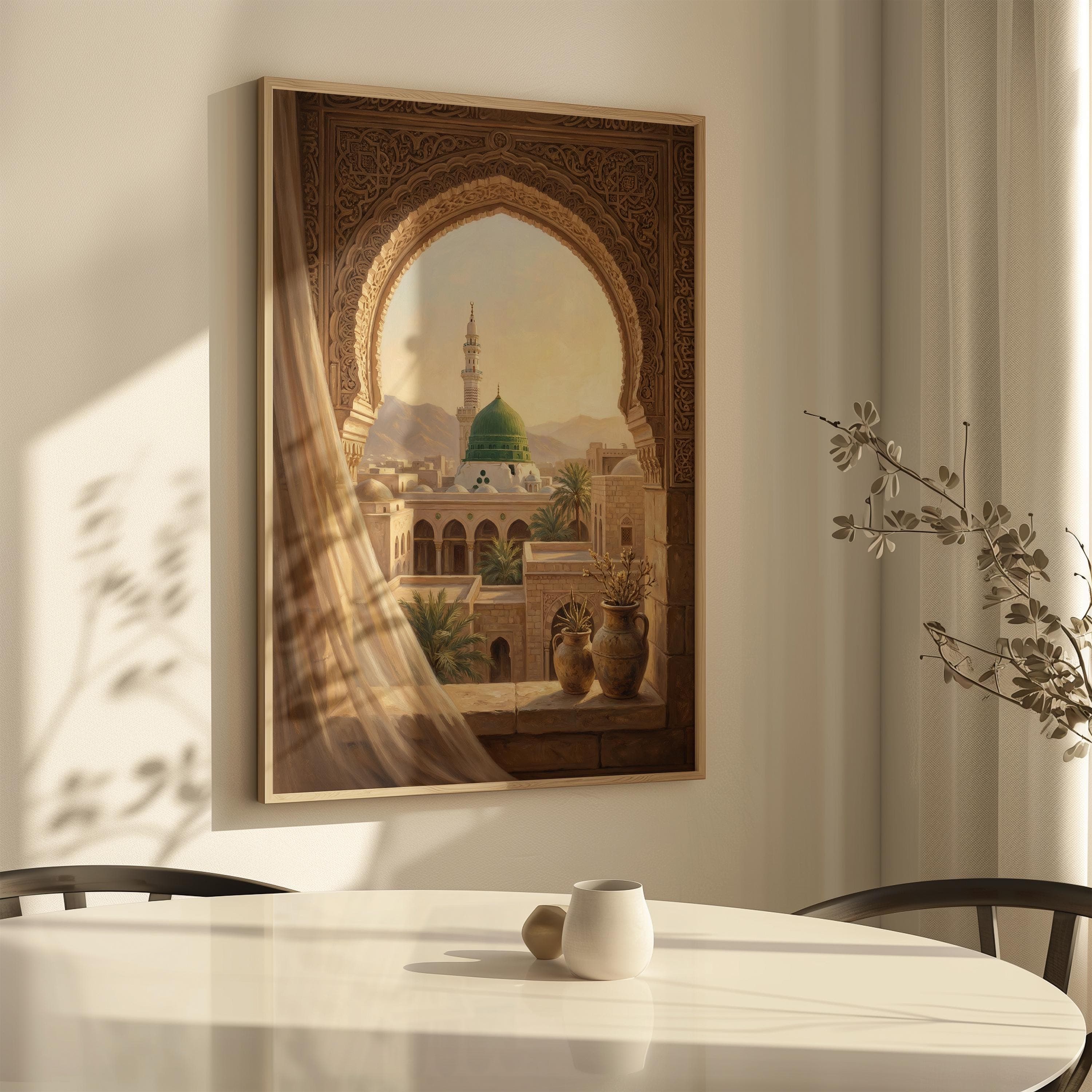 Medina Wall Art Print, Green Dome View, Masjid Nabawi Artwork, Islamic Arch Window Decor, Luxury Islamic Painting - image 5