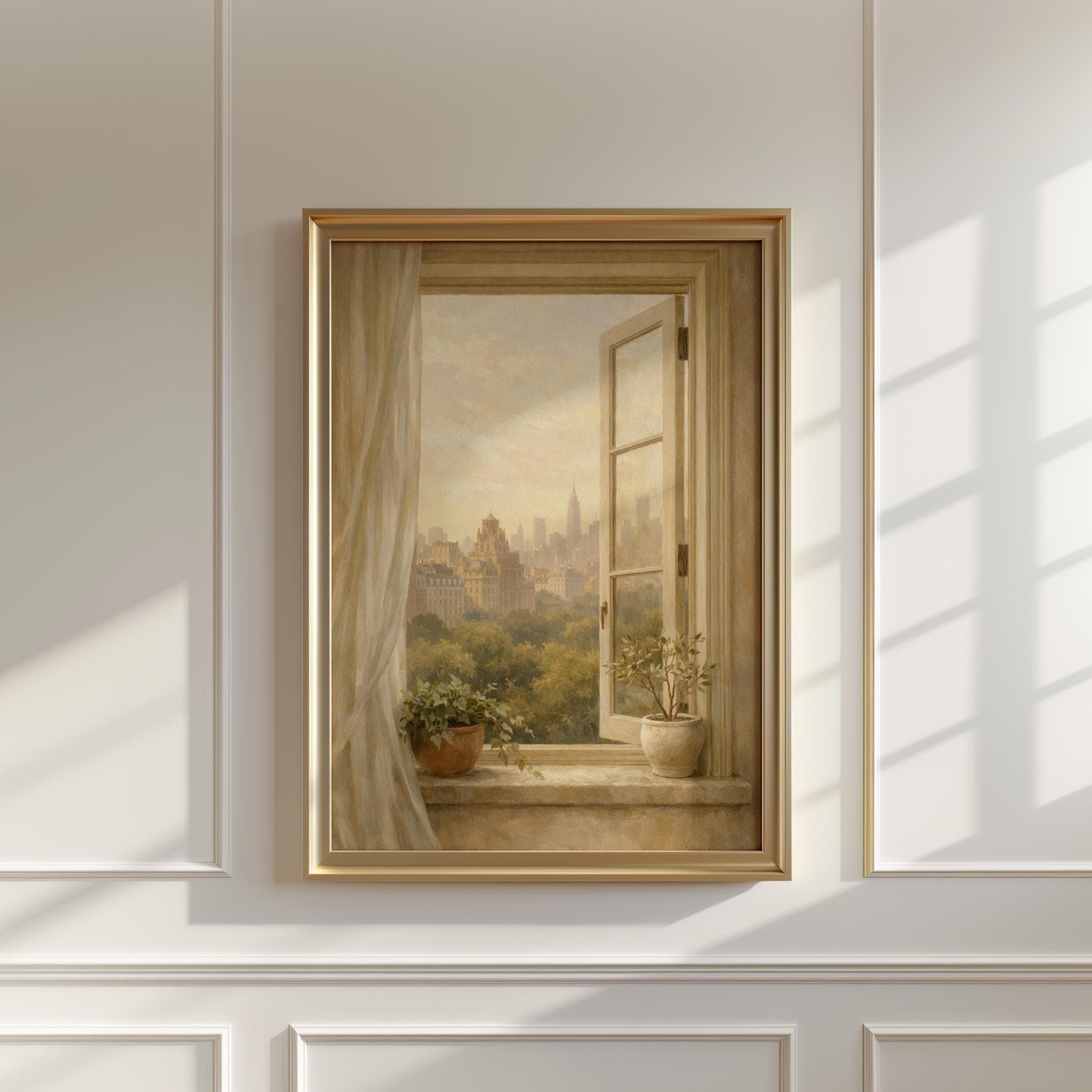 New York Window View Print, Central Park Cityscape Art, Empire State Building Wall Art, Neutral Beige Aesthetic Decor - image 3