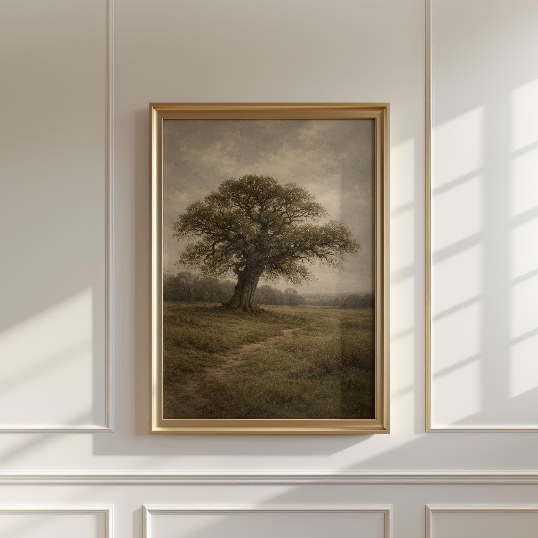 Old Oak Tree Wall Art Print, English Countryside Landscape, Rustic Nature Painting, Neutral Farmhouse Decor - image 4