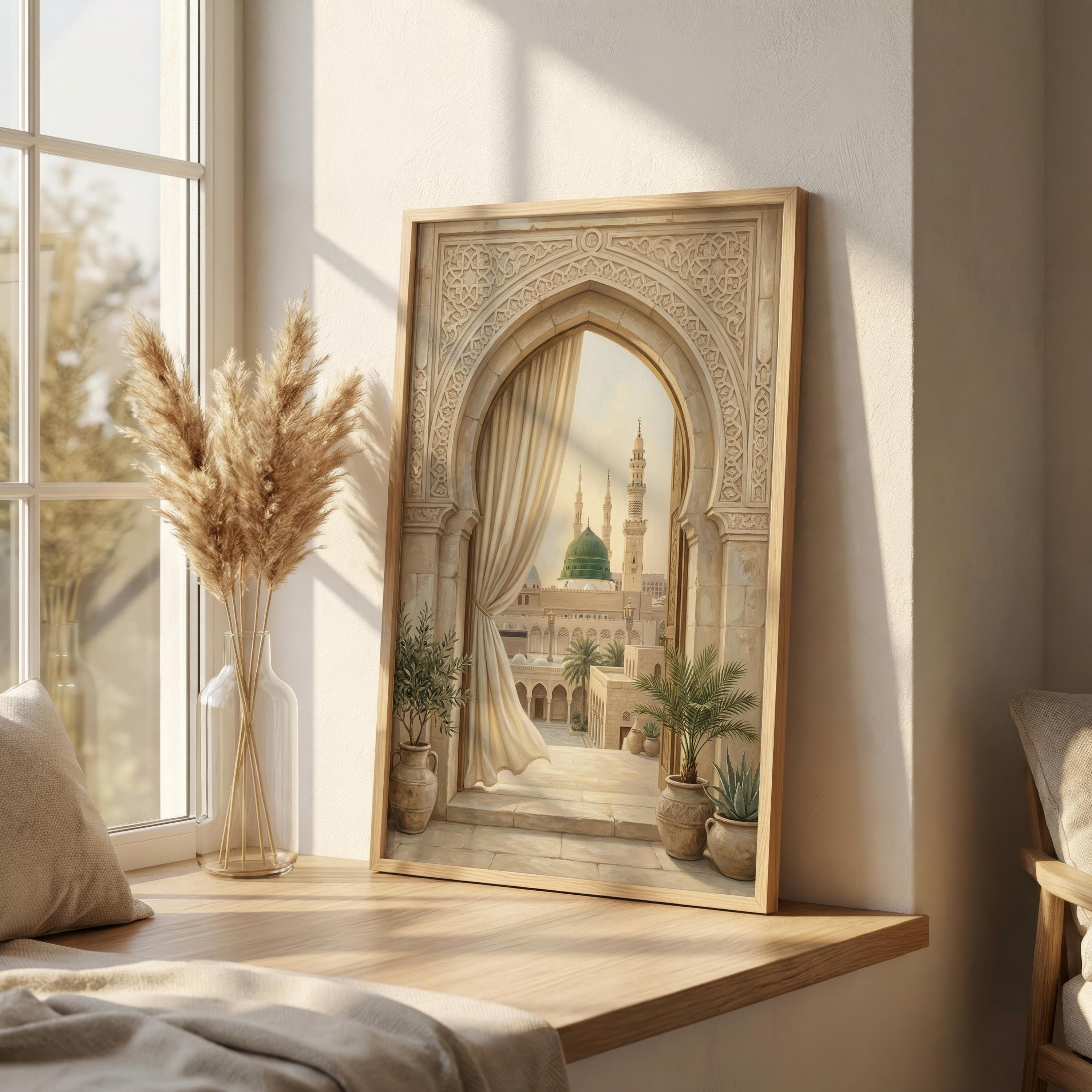 Medina Arch Wall Art Print, Masjid Nabawi Green Dome Artwork, Islamic Architecture Decor, Mosque View Painting - image 5