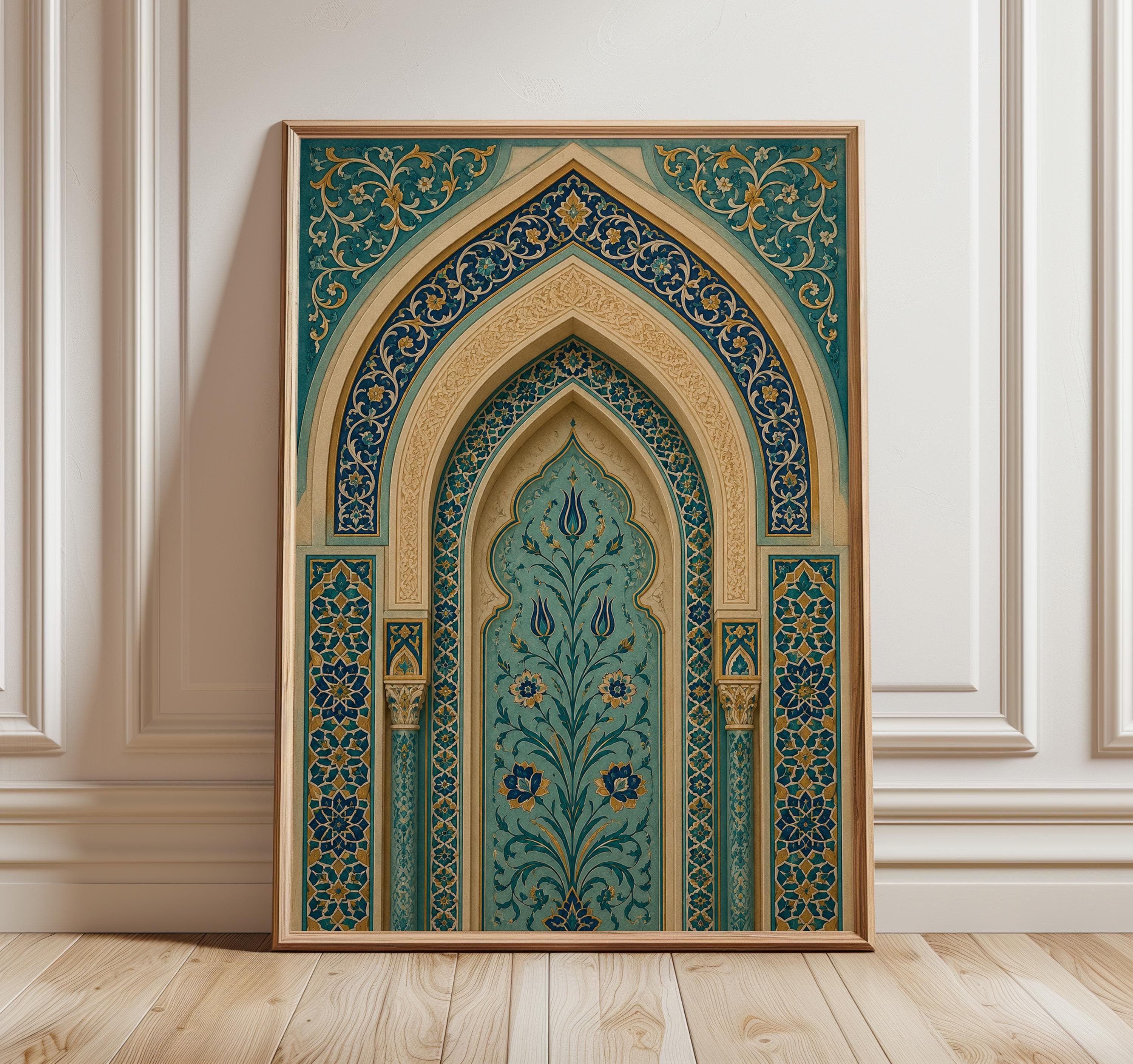 Islamic Arch Wall Art, Ottoman Turquoise Mosque Print, Blue Geometric Poster, Middle Eastern Architectural Decor