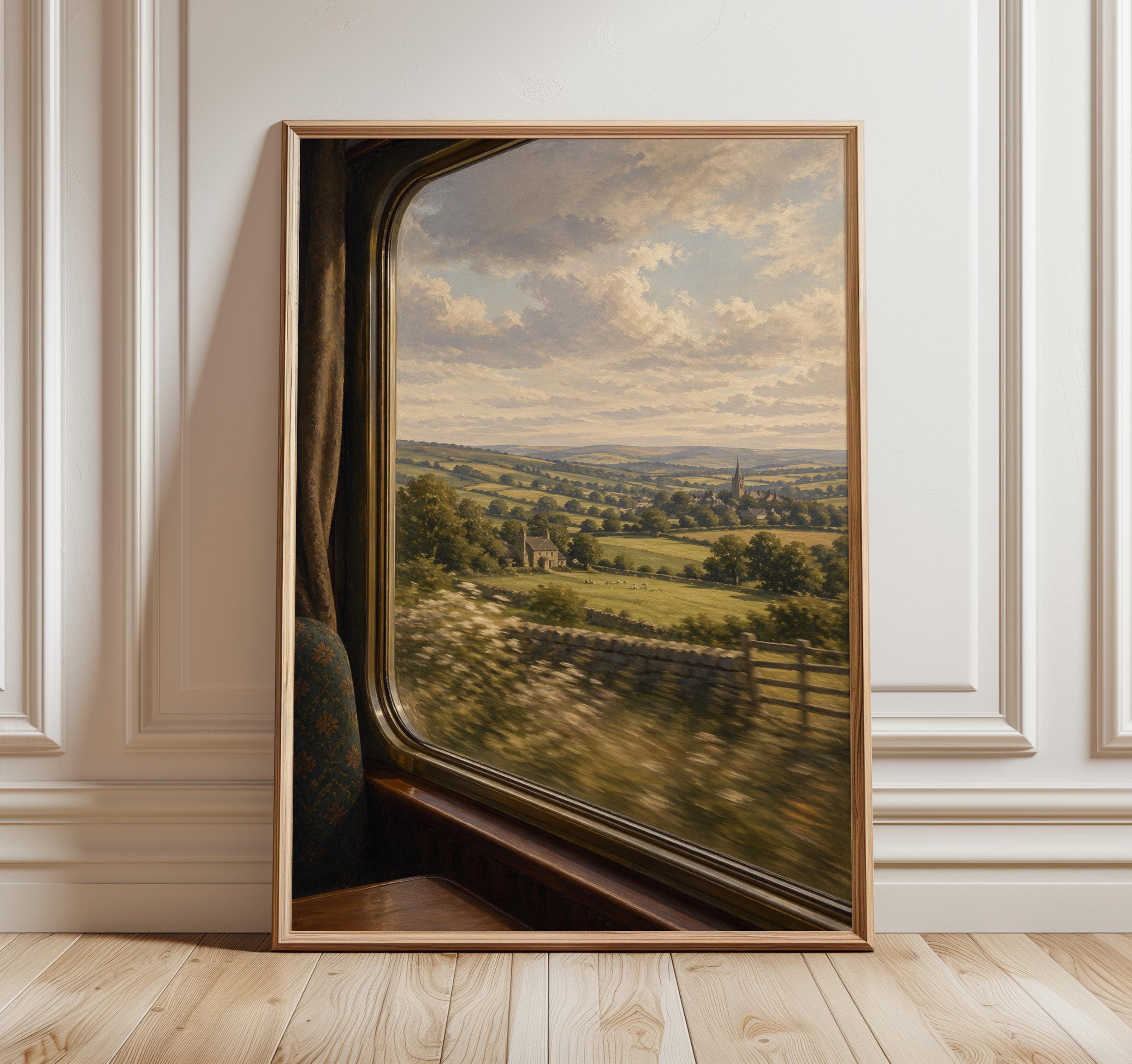 English Countryside Train View Print, Rural Landscape Wall Art, British Travel Window Scene, Rolling Hills Fine Art
