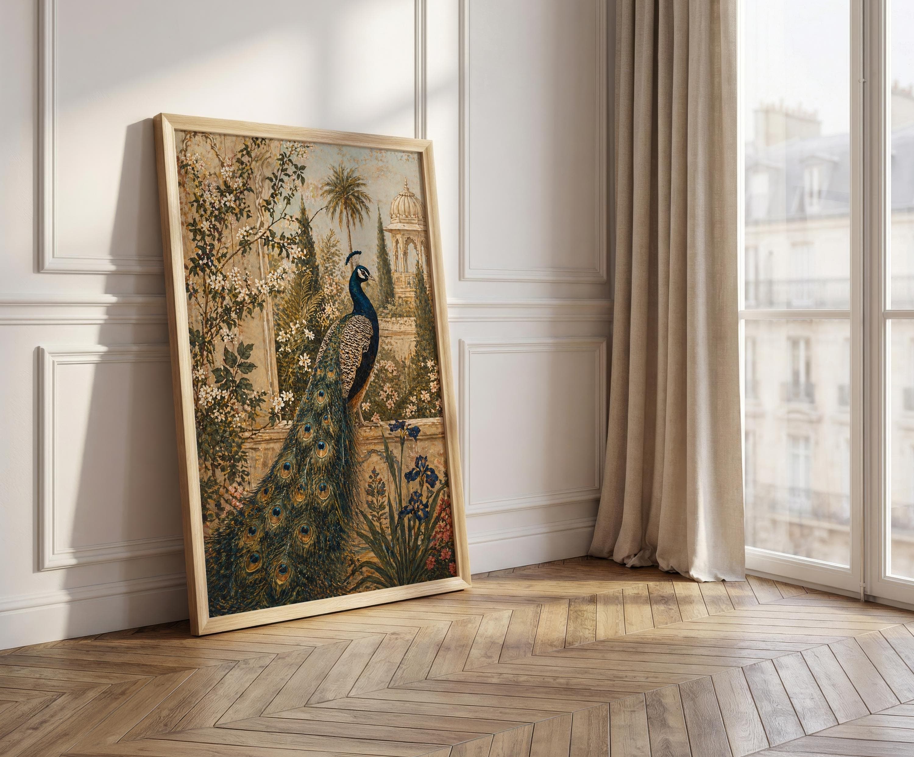 Mughal Peacock Garden Wall Art, Indian Palace Print, Royal Peacock Poster, Vintage Botanical Haveli Decor Artwork - image 3