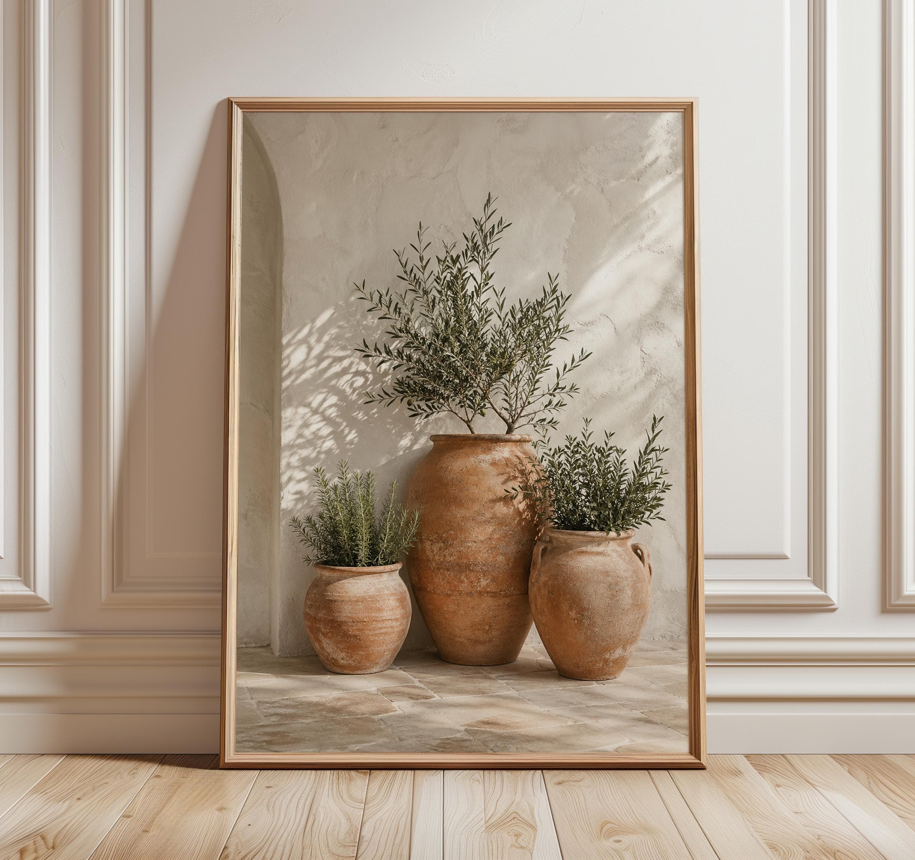 Mediterranean Terracotta Pot Print, Andalusian Courtyard Wall Art, Olive Rosemary Botanical Poster, Neutral Villa Decor