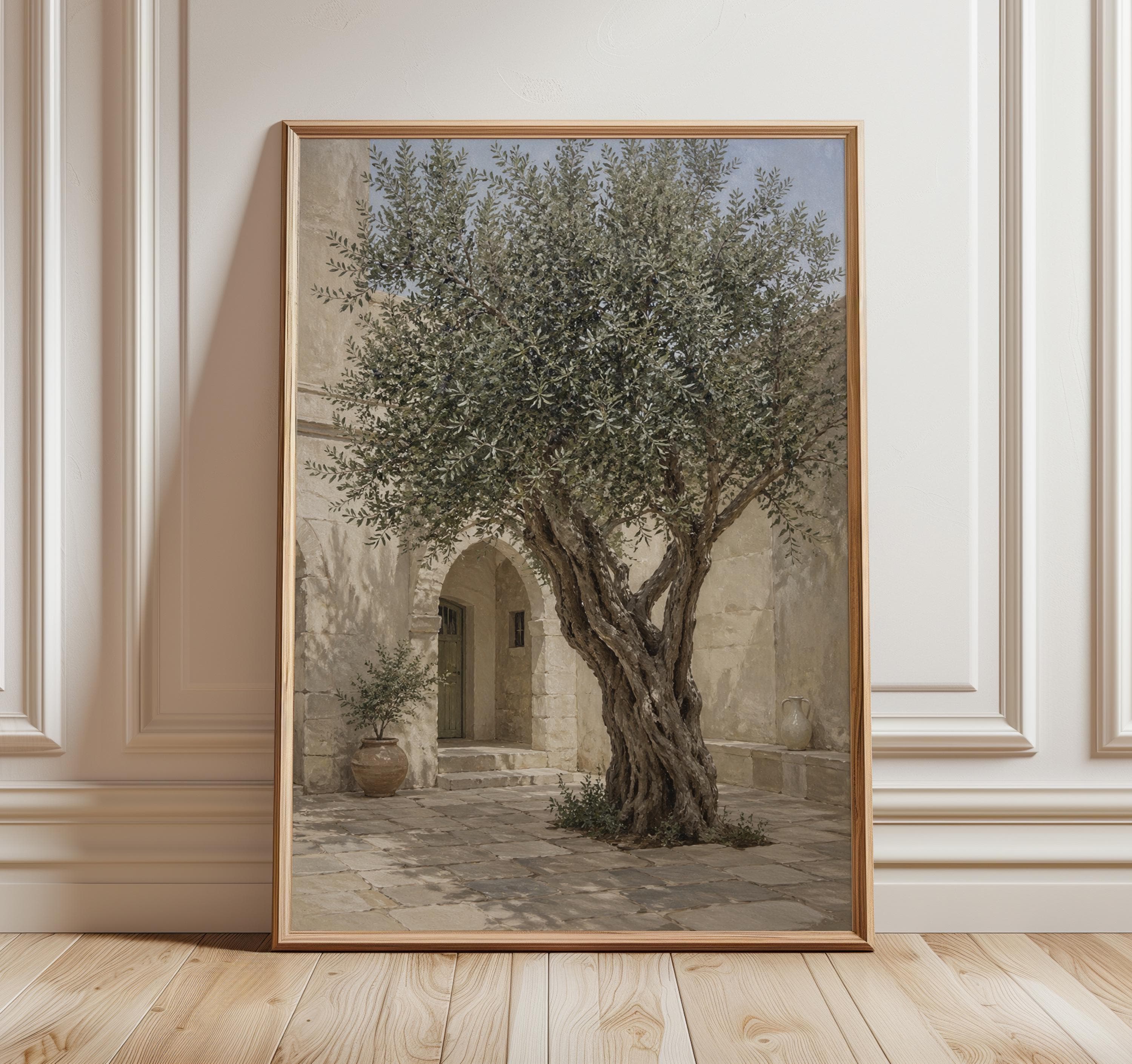 Olive Tree Courtyard Print, Neutral Mediterranean Wall Art, Beige Stone Architecture Painting, Rustic Fine Art Decor