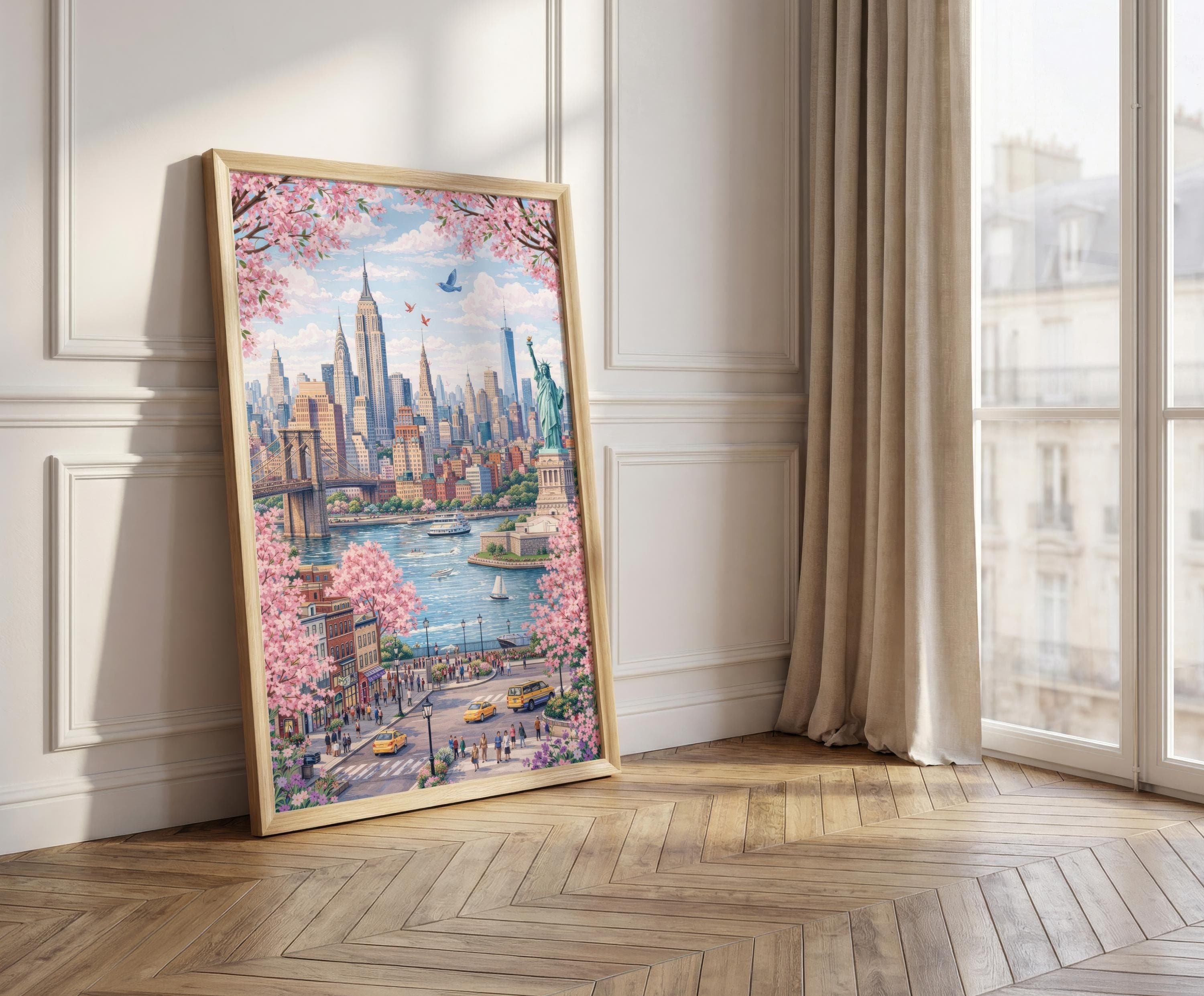 New York Poster | Statue of Liberty & Brooklyn Bridge Print | Pastel NYC Wall Art | USA Spring Decor | New York Skyline | Travel Gift - image 4