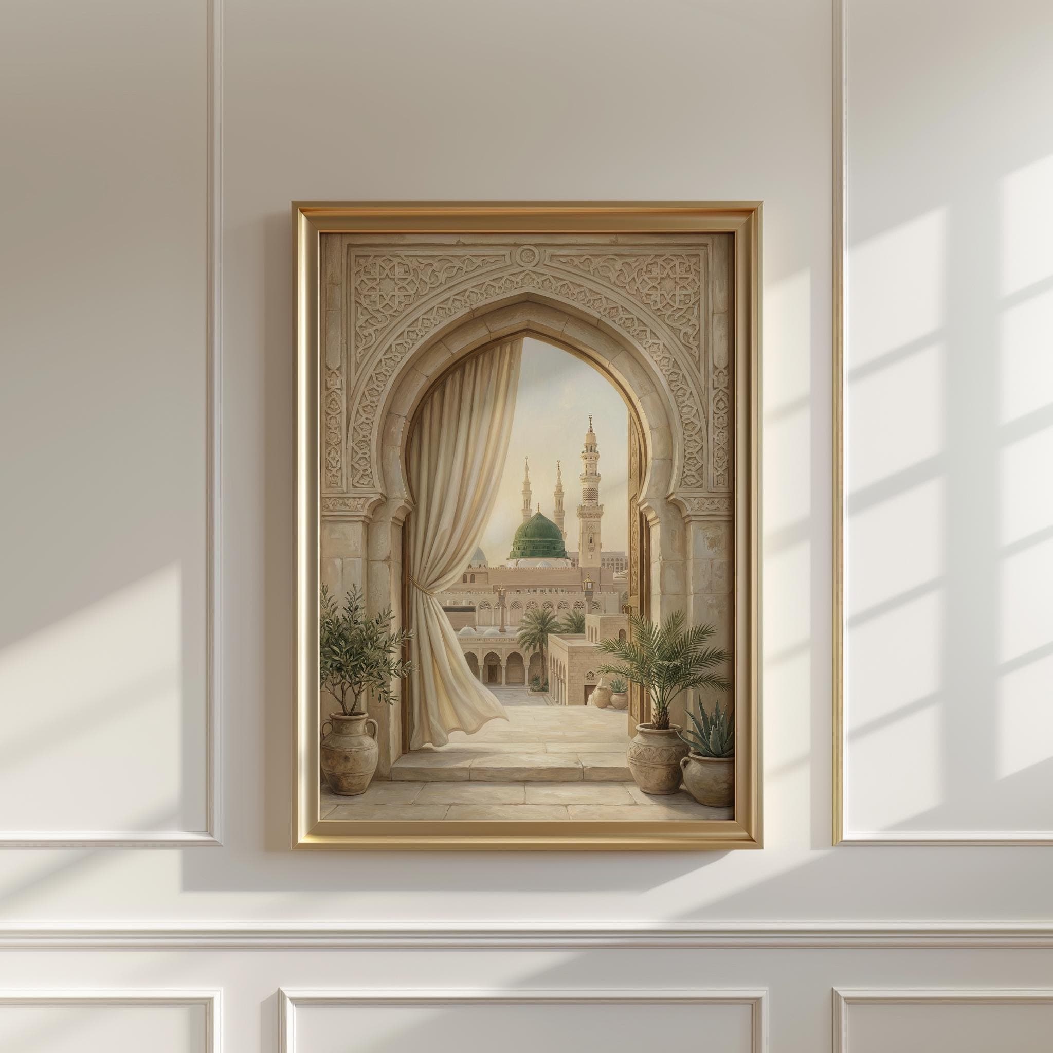 Medina Arch Wall Art Print, Masjid Nabawi Green Dome Artwork, Islamic Architecture Decor, Mosque View Painting - image 4