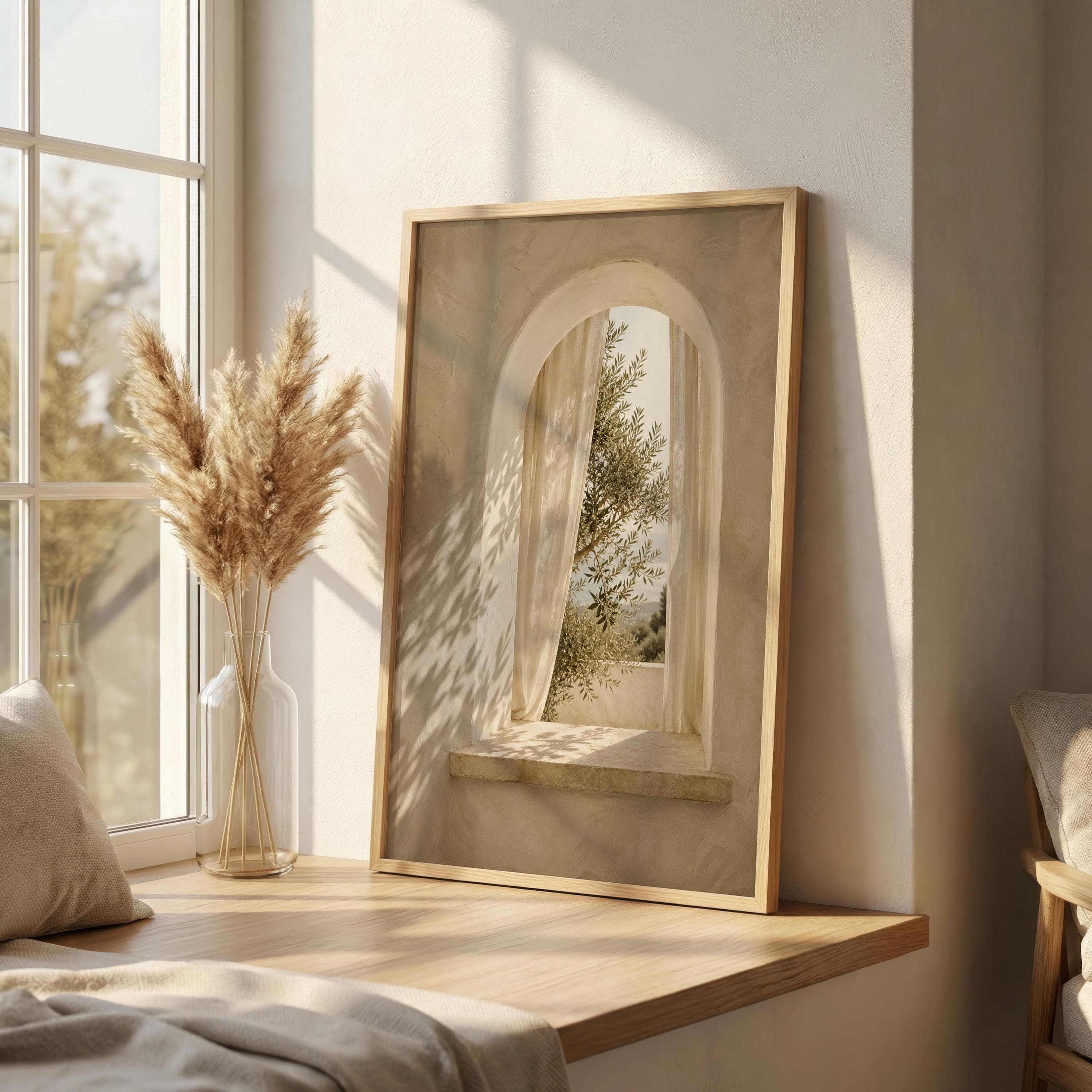 Mediterranean Window Wall Art, Arched Olive Tree Print, Neutral Coastal Villa Decor, Japandi Beige Window Poster - image 5