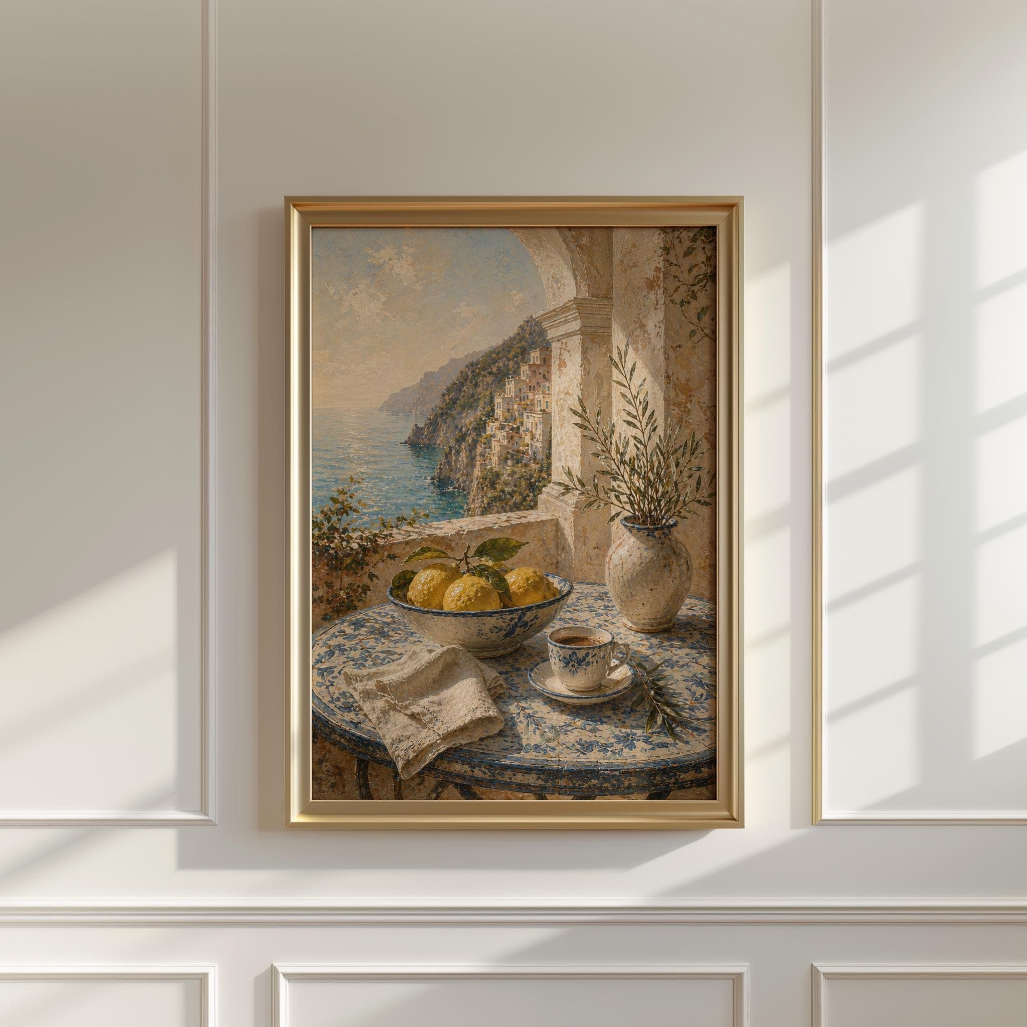 Amalfi Coast Wall Art Print, Italian Lemon Still Life Poster, Mediterranean Kitchen Decor, Blue Ceramic Table Art - image 4