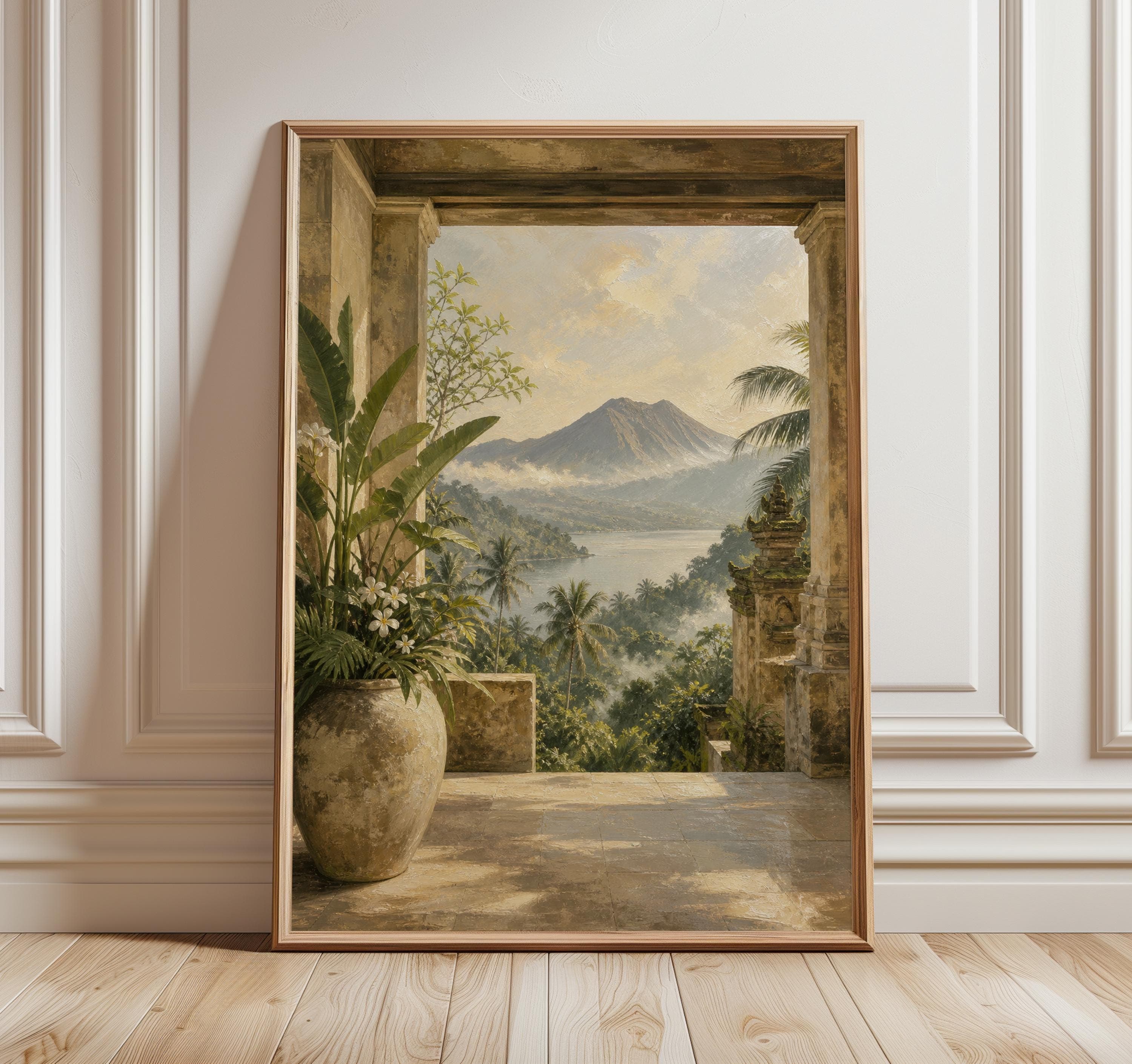 Bali Wall Art Print, Mount Batur Lake View Painting, Tropical Jungle Villa Art, Luxury Bali Landscape Poster