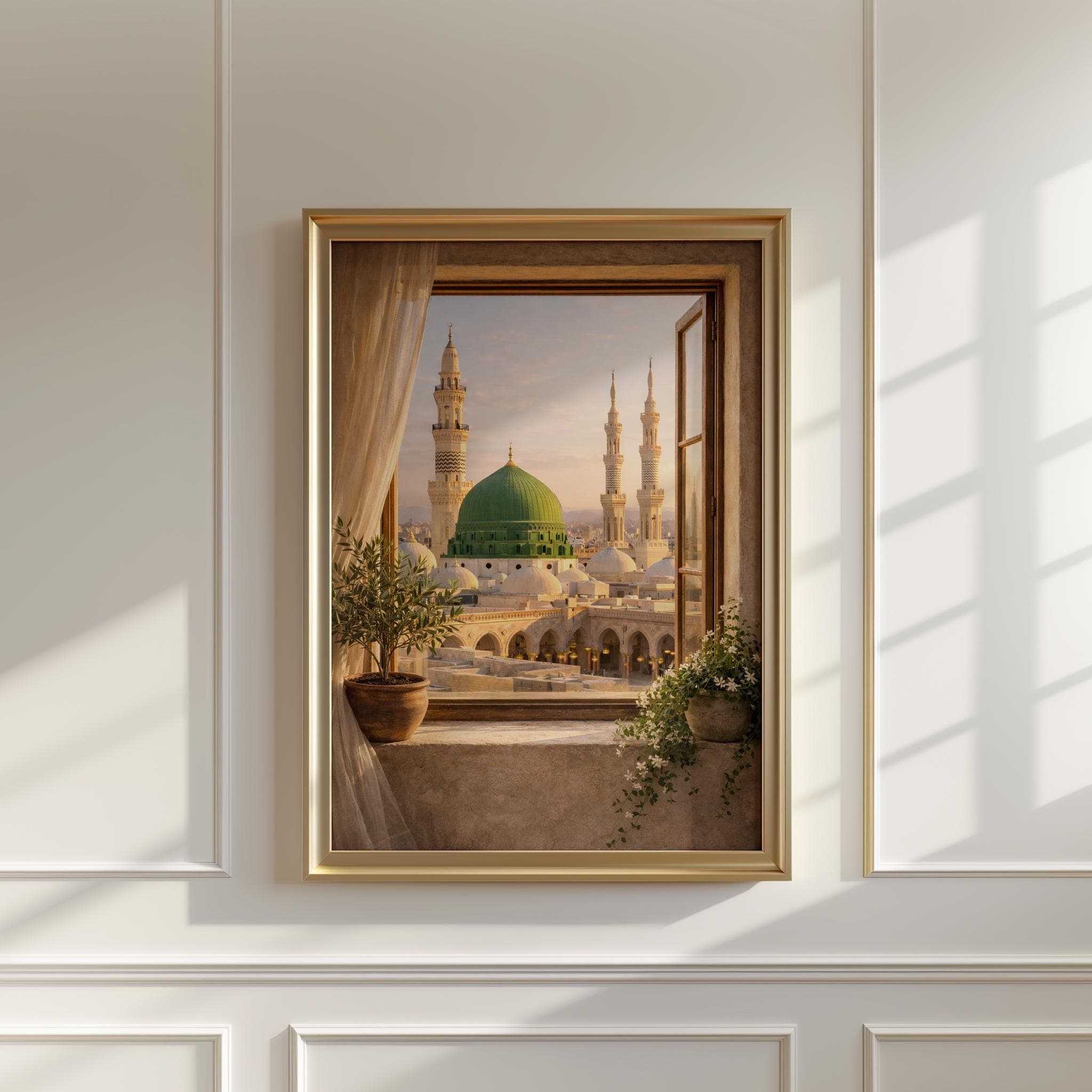 Medina Window View Print, Green Dome Wall Art, Al Masjid an Nabawi Poster, Islamic Wall Decor, Neutral Muslim Gift, Boho Beige Art - image 4