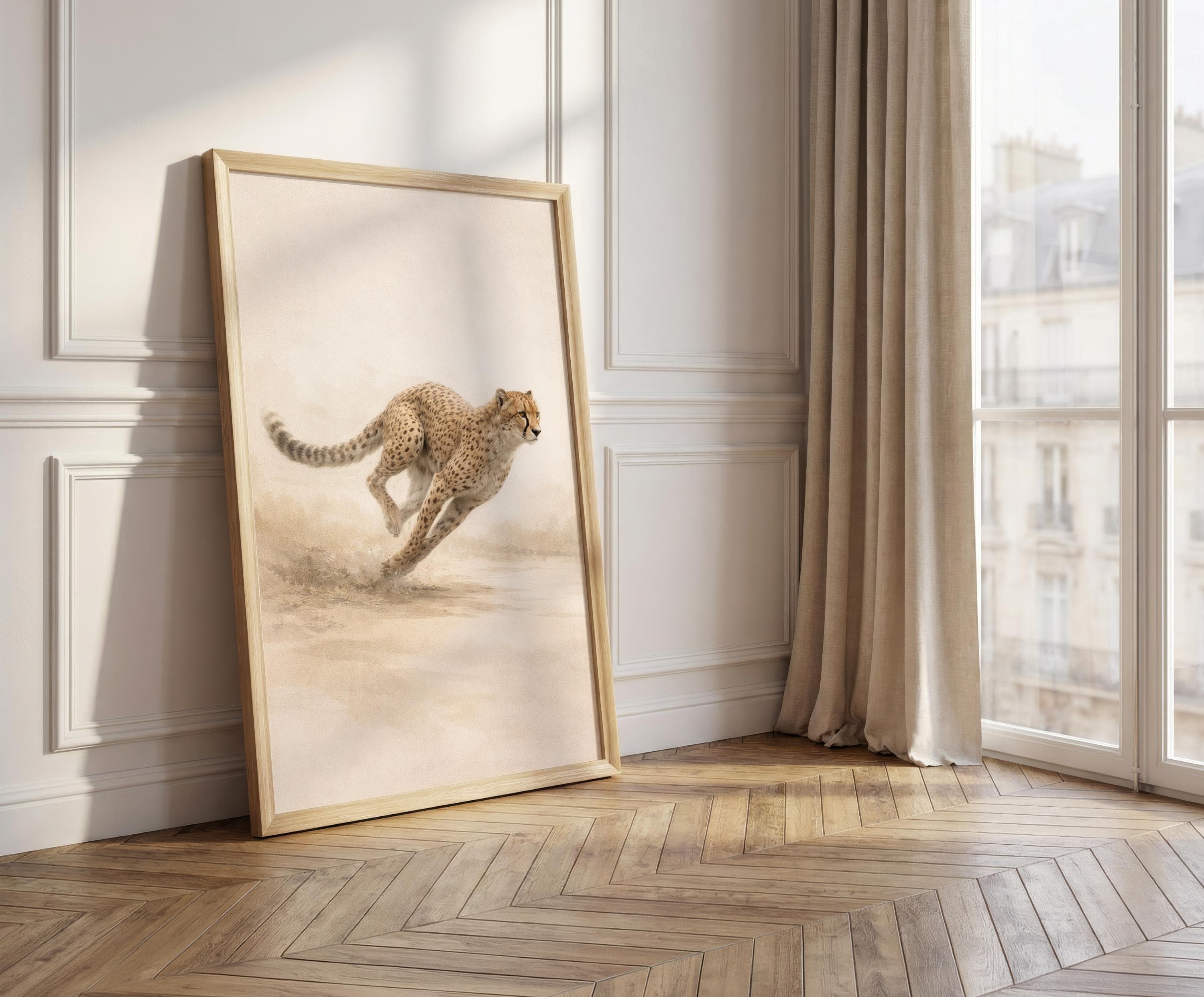 Cheetah Running Wall Art Print, Minimalist Wildlife Poster, Safari Animal Artwork, Neutral Beige Cheetah Decor, Modern Animal Art - image 3