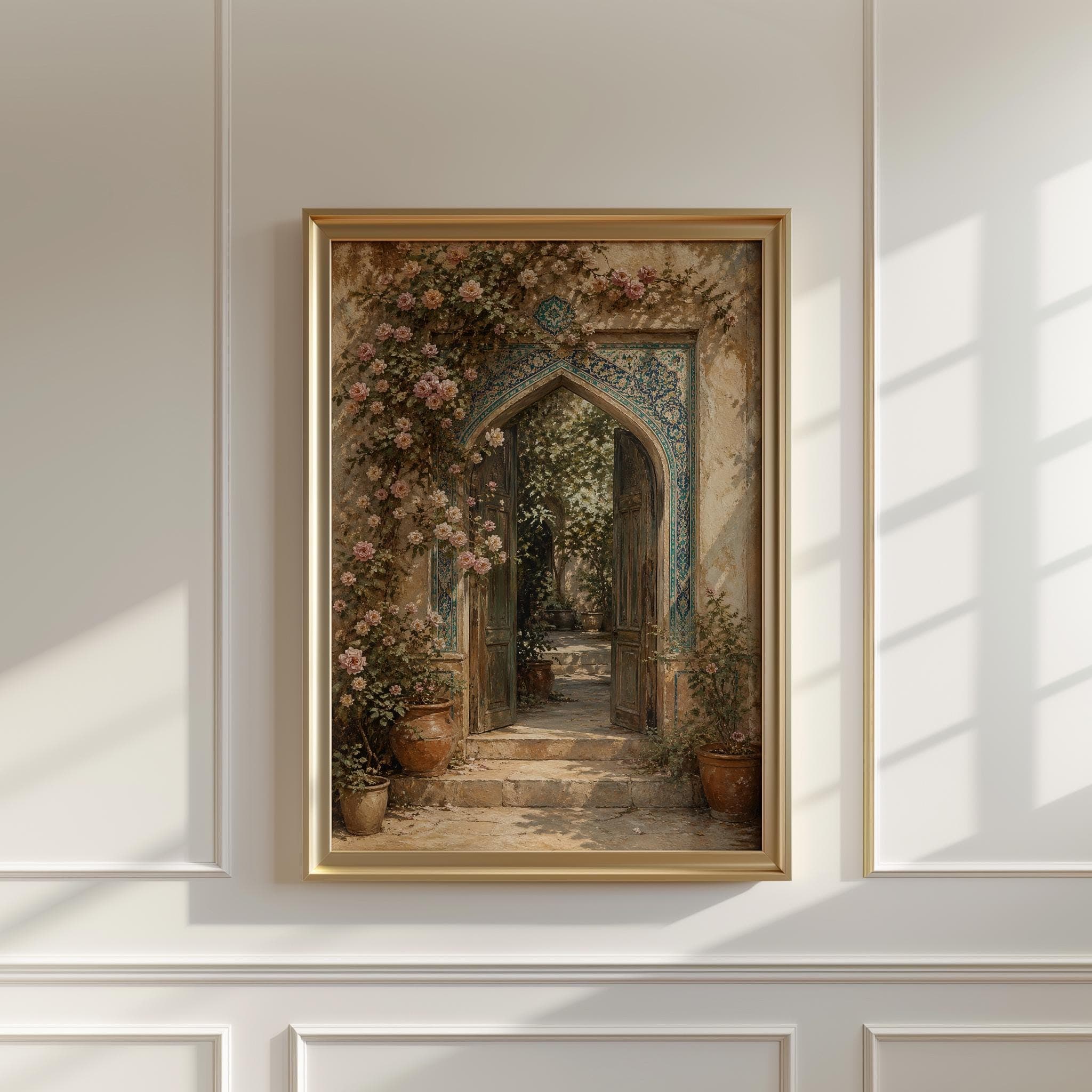 Persian Doorway Wall Art, Rose Courtyard Print, Islamic Arch Decor, Turquoise Tile Door Poster, Romantic Garden Artwork - image 4