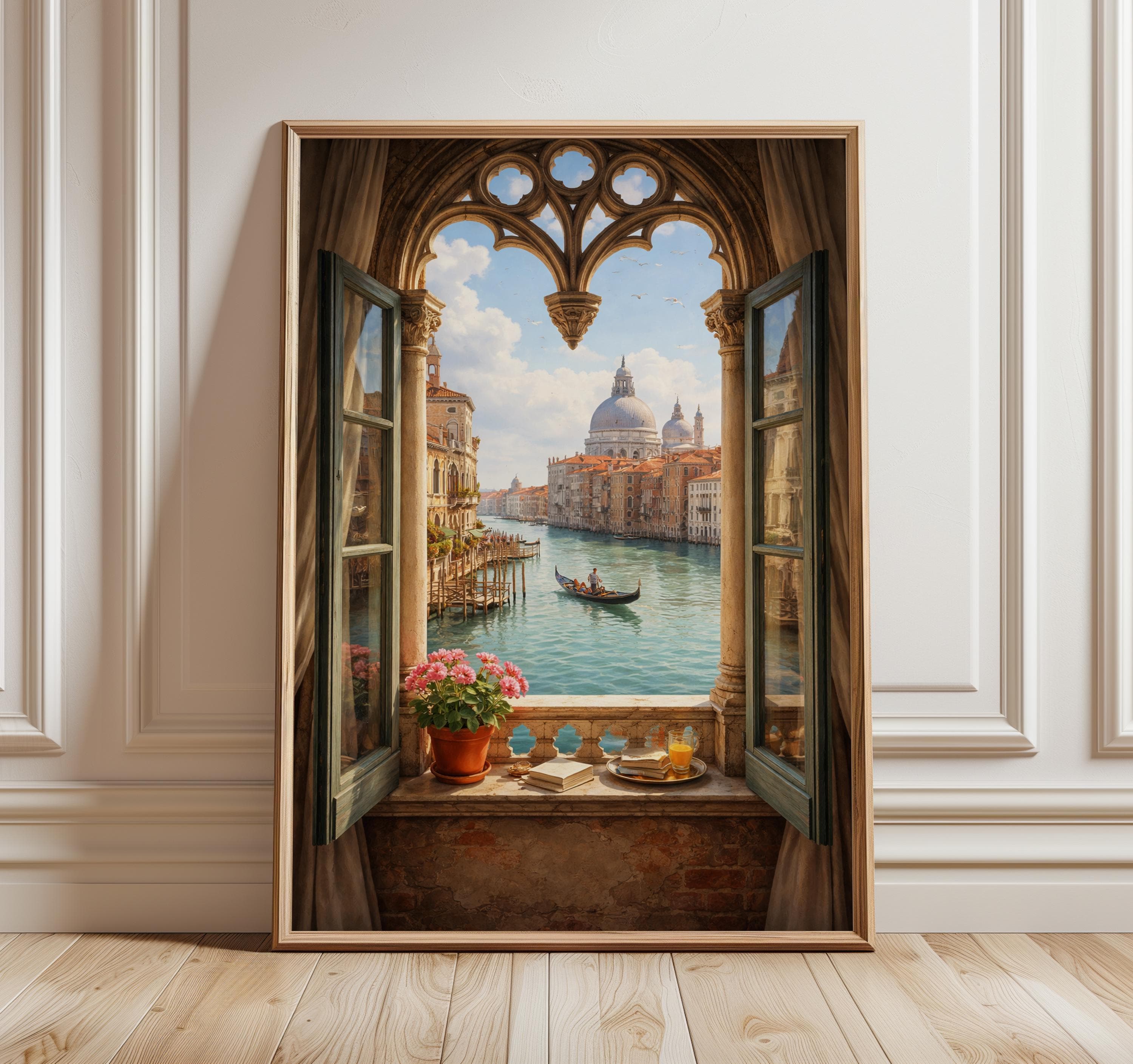 Window to Venice Wall Art Print – Grand Canal View, Italian Architecture Artwork, Romantic Venice Decor, Gondola Scene Fine Art Poster
