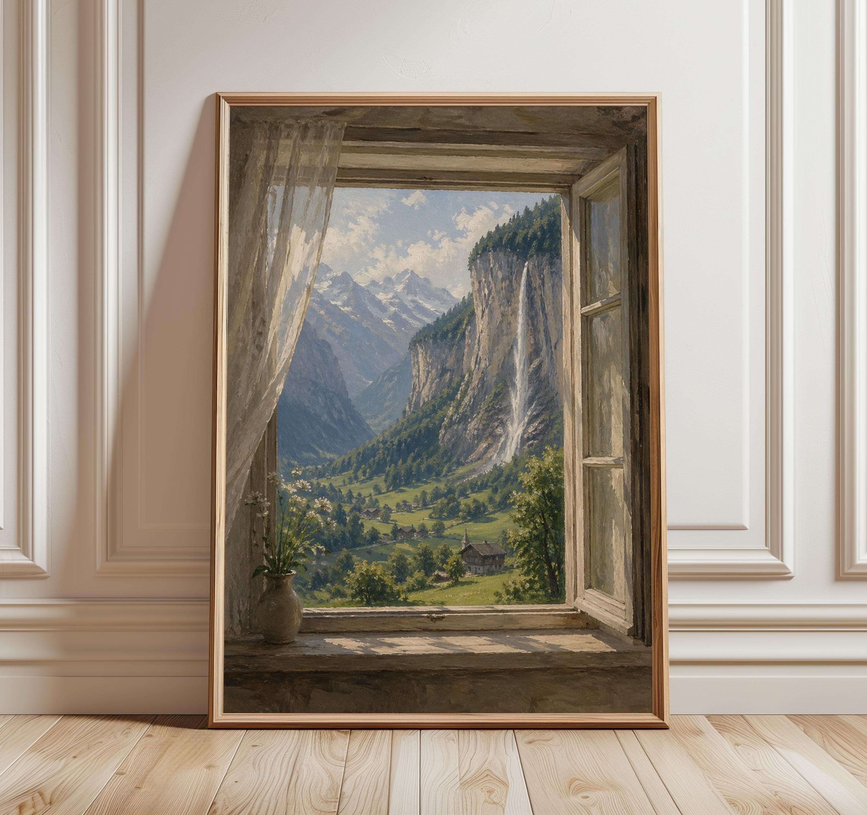 Lauterbrunnen Valley Window View Print, Swiss Alps Wall Art, Staubbach Falls Painting, Switzerland Landscape, Alpine Wall Decor