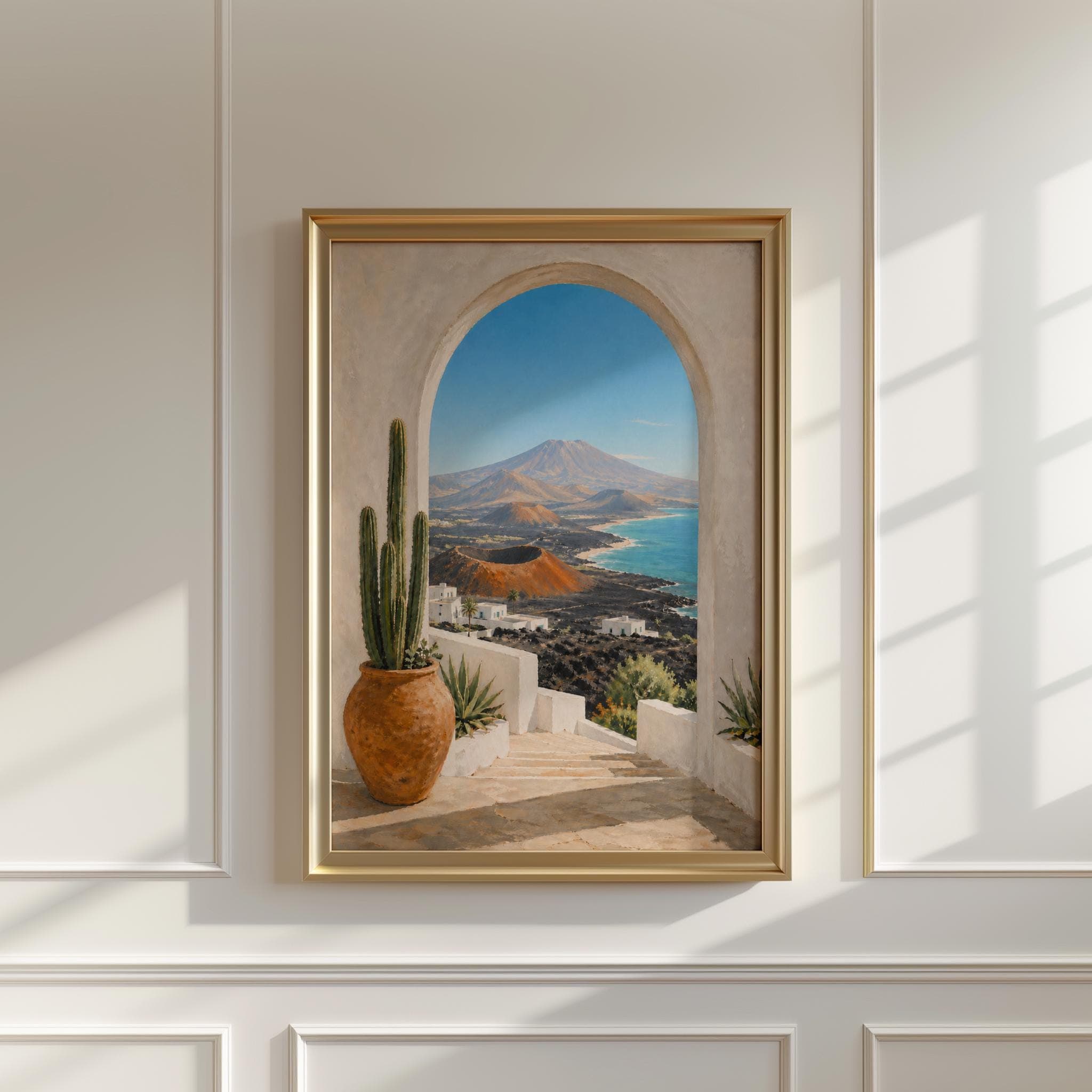 Lanzarote Wall Art Print, Canary Islands Volcano Painting, Cactus Coastal Landscape, Mediterranean Travel Poster Decor - image 3