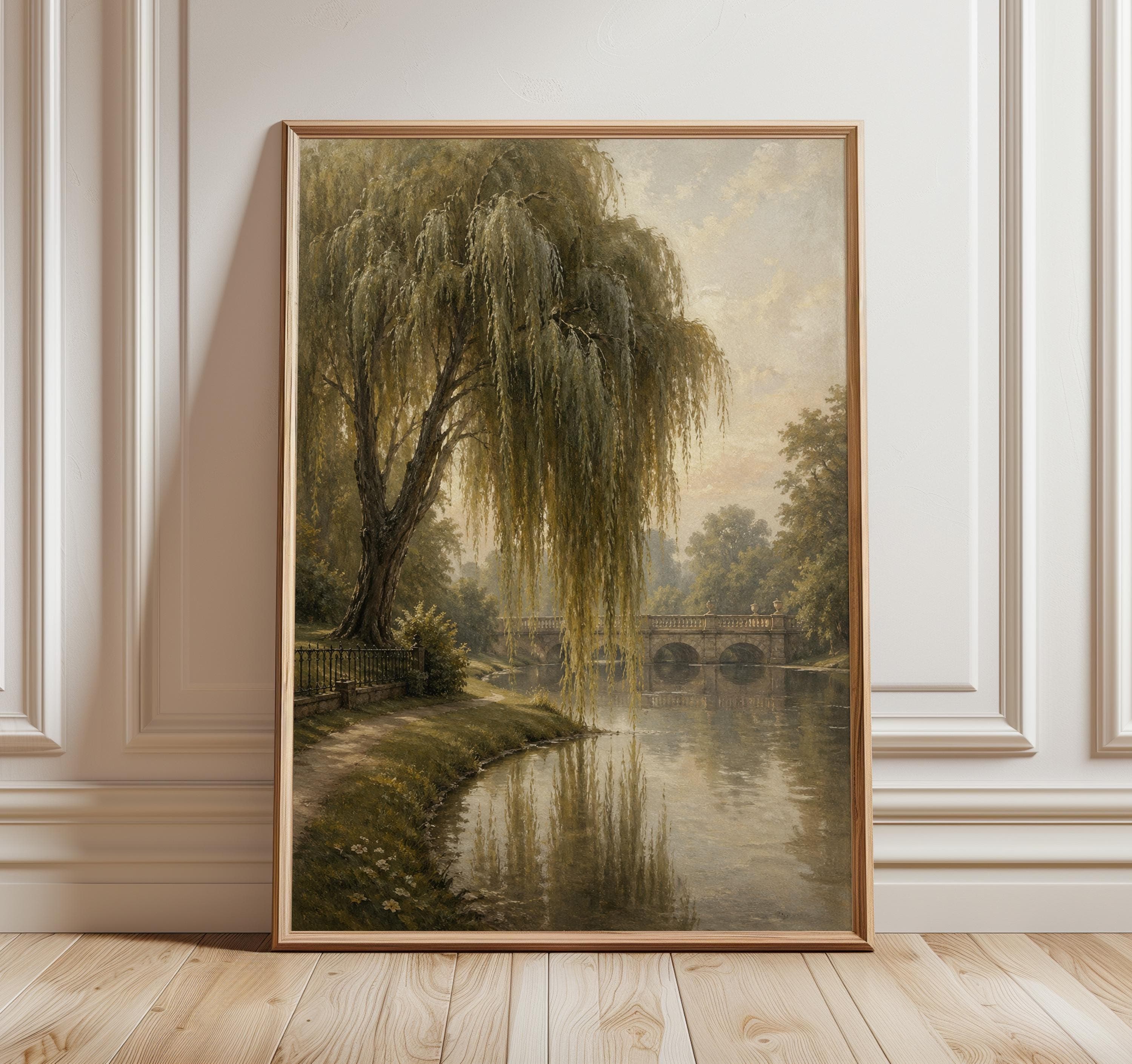 Weeping Willow Wall Art Print, British Park Landscape Painting, London Park Lake Poster, English Countryside Wall Decor