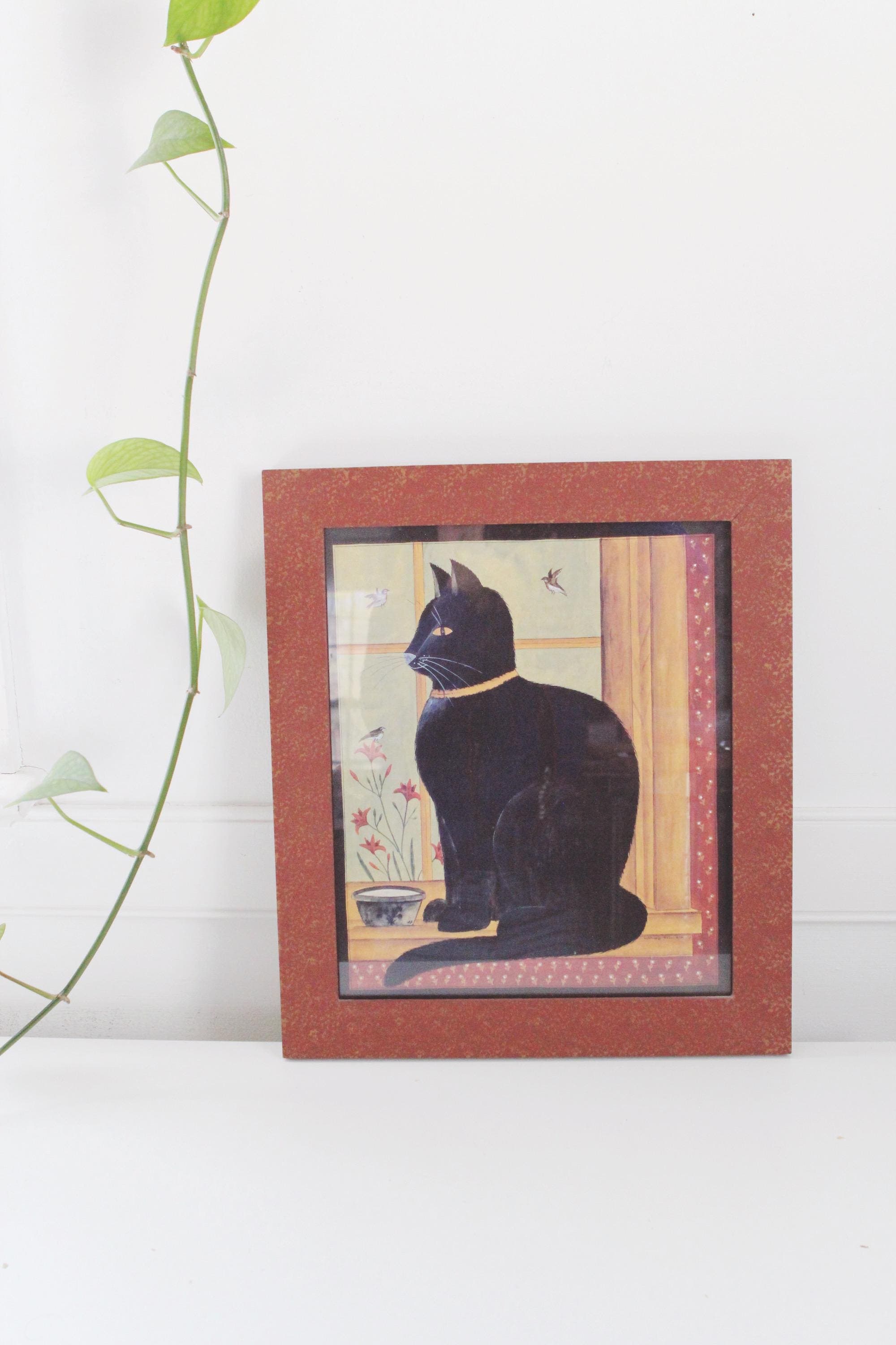 Vintage Framed Folk Art Black Cat Wall Art Print Signed and Framed by Hetherly Hale - image 3