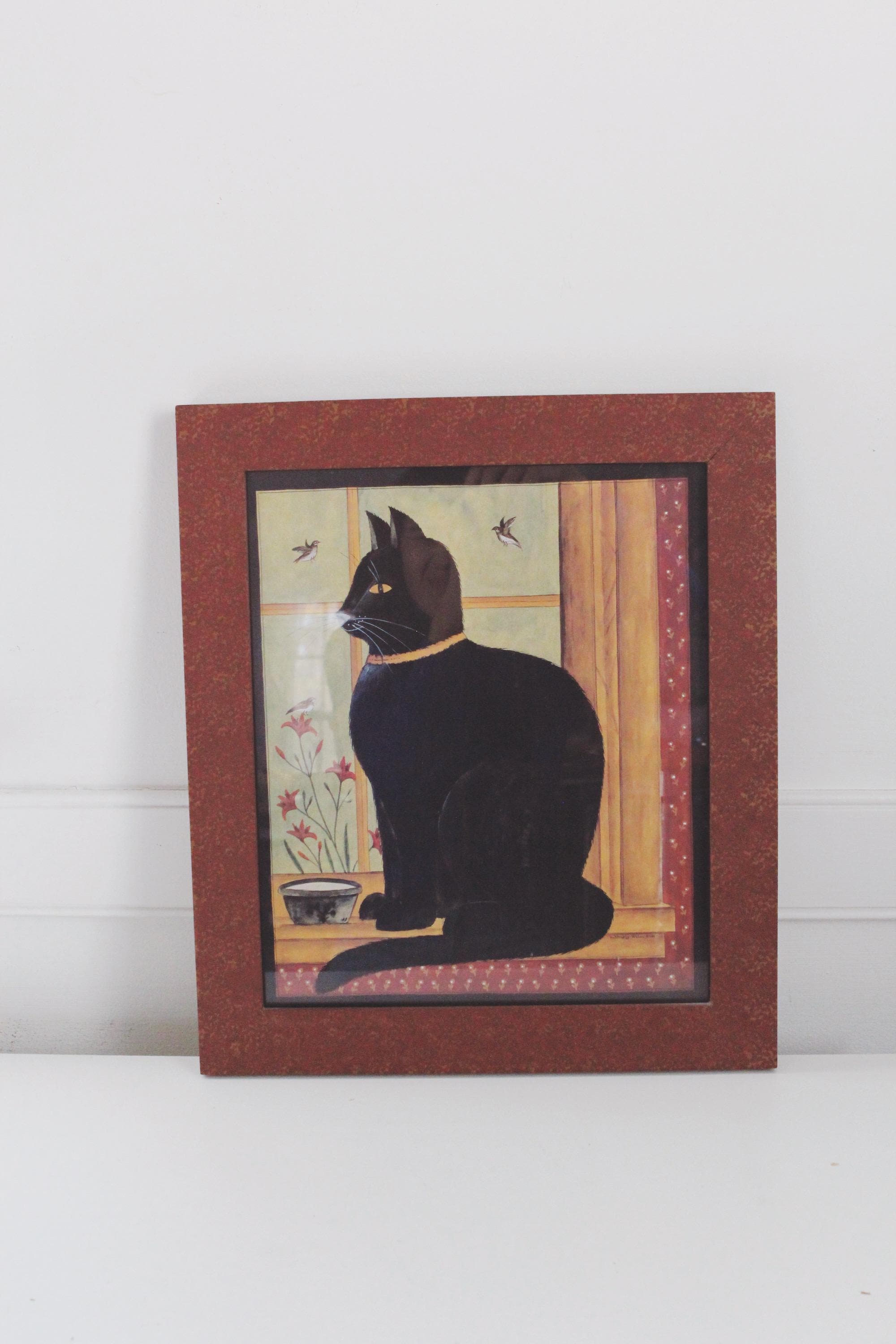 Vintage Framed Folk Art Black Cat Wall Art Print Signed and Framed by Hetherly Hale