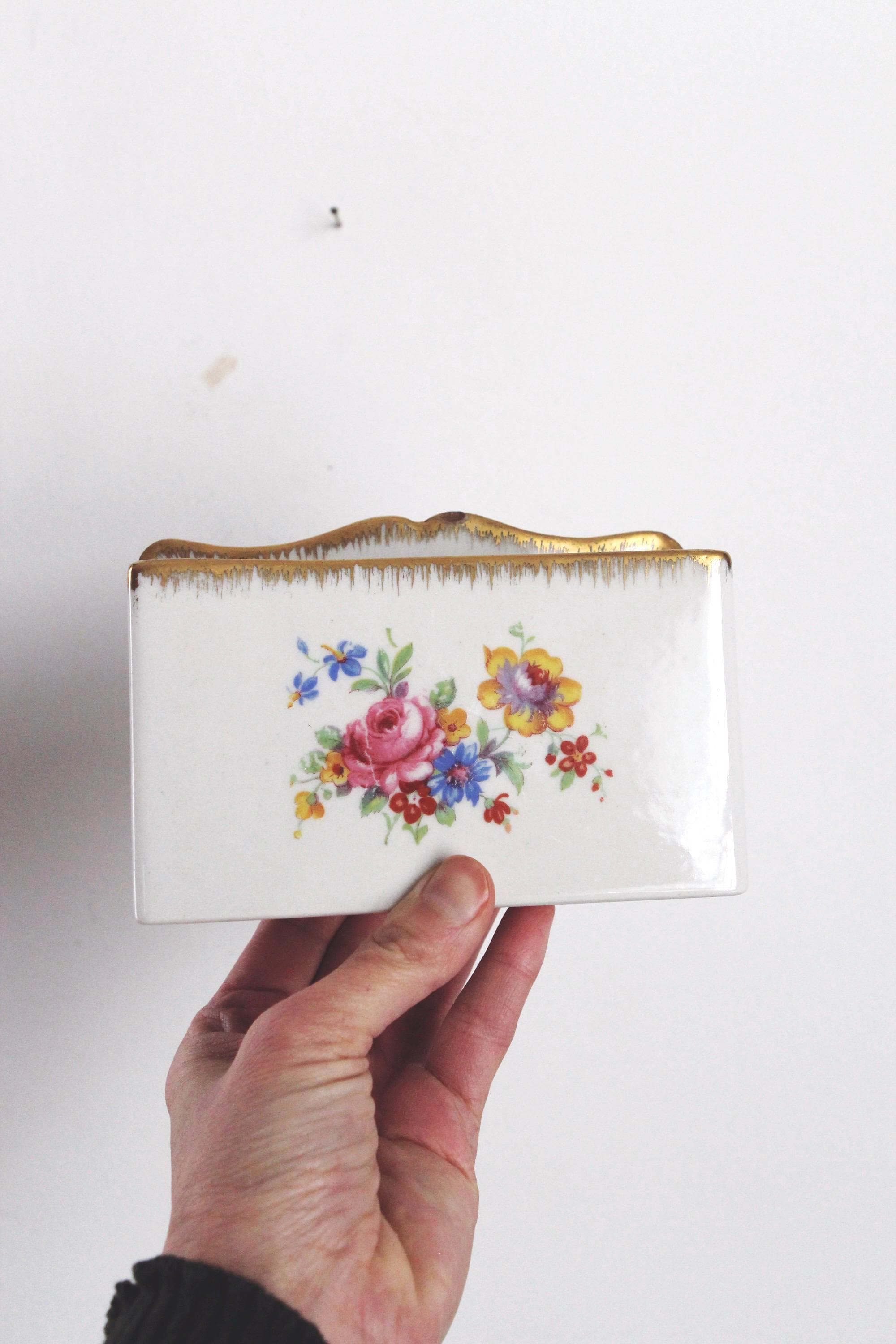 Vintage Limoges Floral Hand Painted Porcelain Mail Letter Holder Caddy - image 3