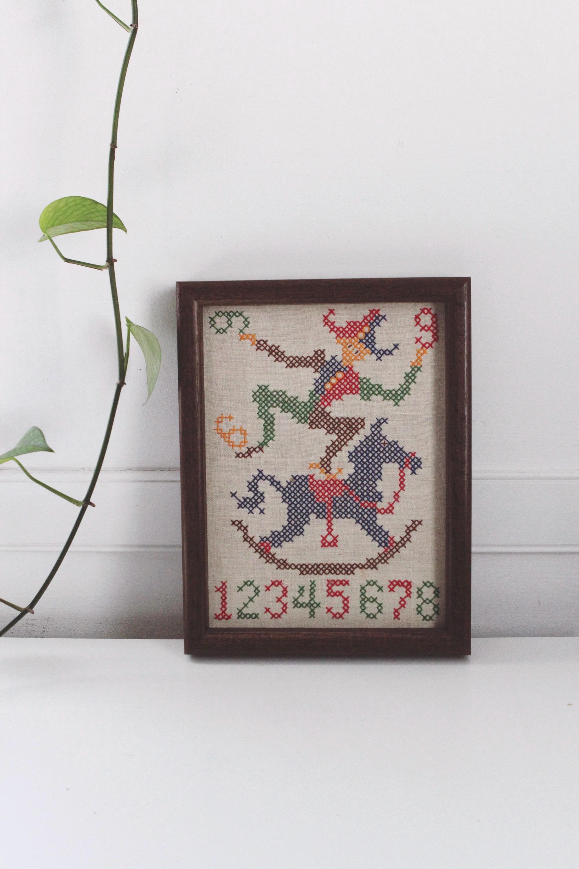 Vintage Handmade Framed Cross-Stitch Clowns Horse Numbers Childrens Wall Art - image 3