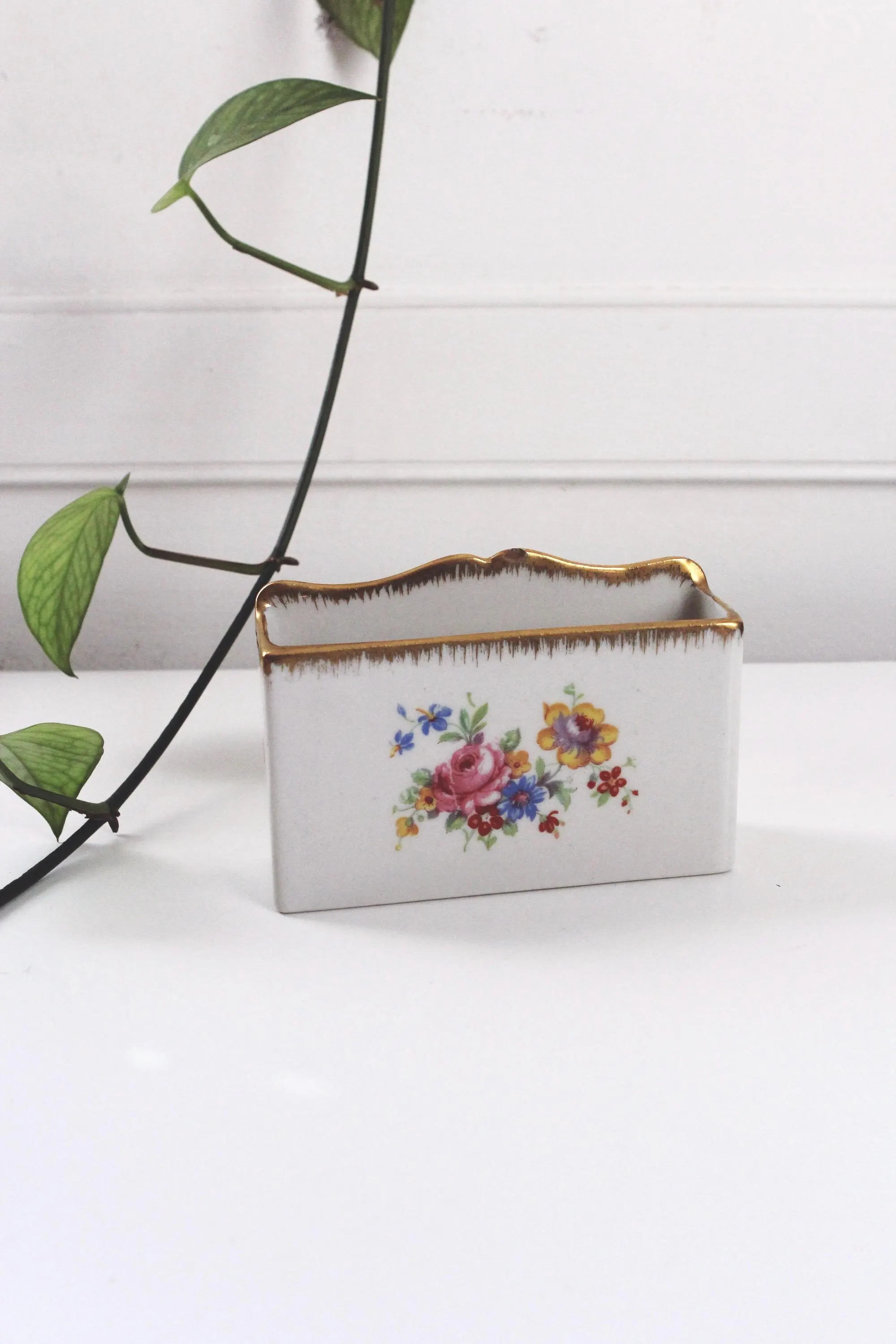 Vintage Limoges Floral Hand Painted Porcelain Mail Letter Holder Caddy