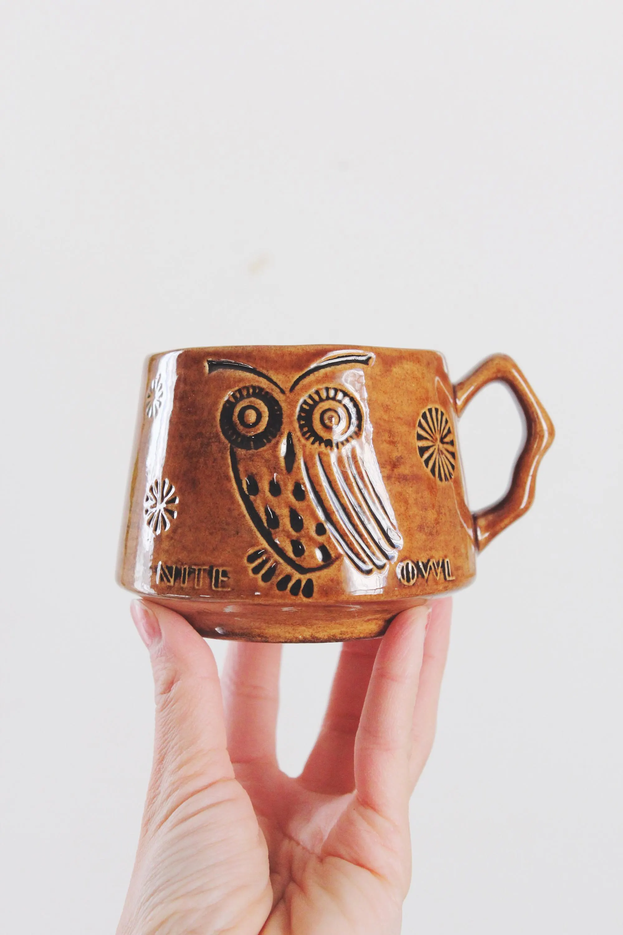 Vintage Glazed Stoneware Nite Owl Brown Mug 60s 70s | Sold Individually