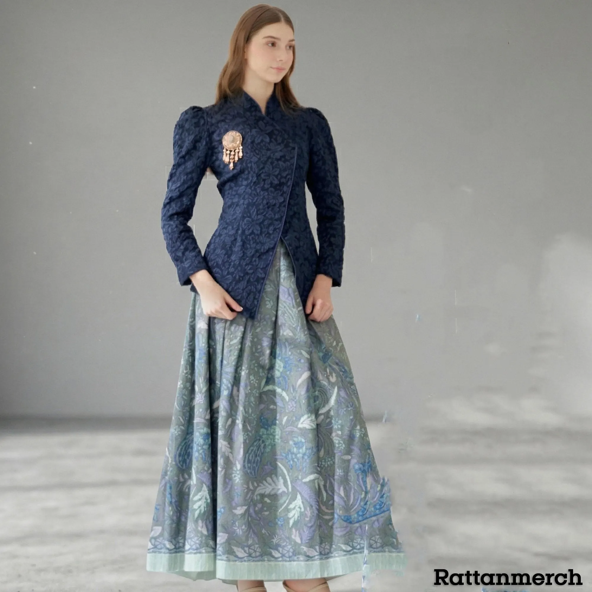 Modern Navy Janggan Kebaya Set Textured Fukuro Fabric Indonesian Formal Wedding Guest Outfit
