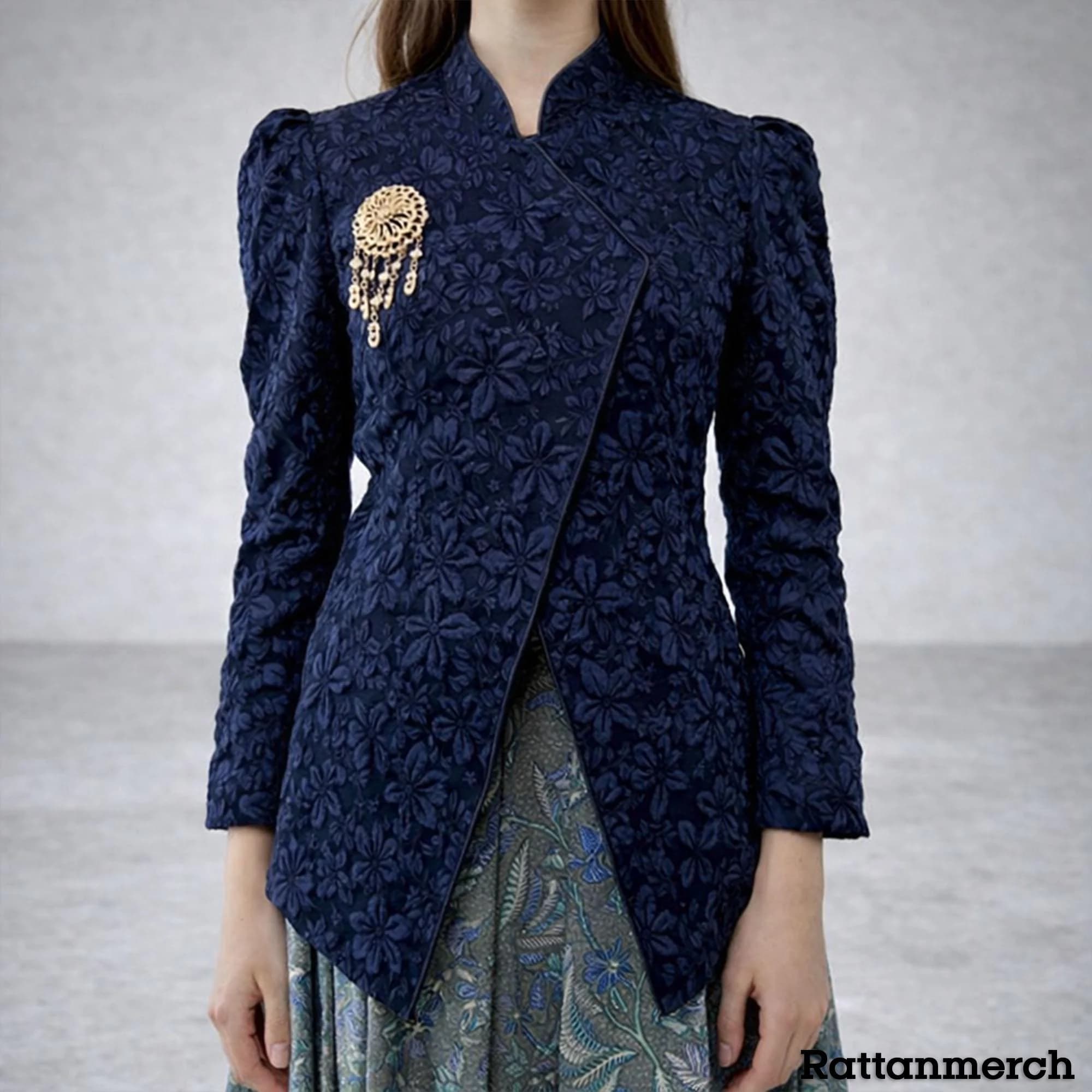 Modern Navy Janggan Kebaya Set Textured Fukuro Fabric Indonesian Formal Wedding Guest Outfit