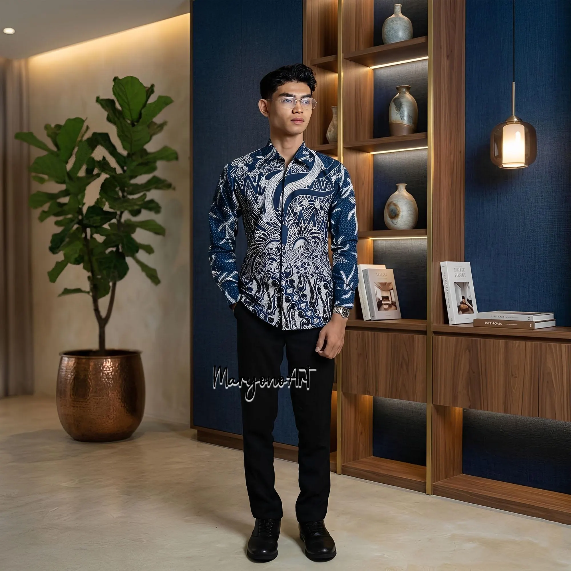 Men Modern Slim Fit Batik Shirt Kencana Pattern Premium Cotton Formal Long Sleeve