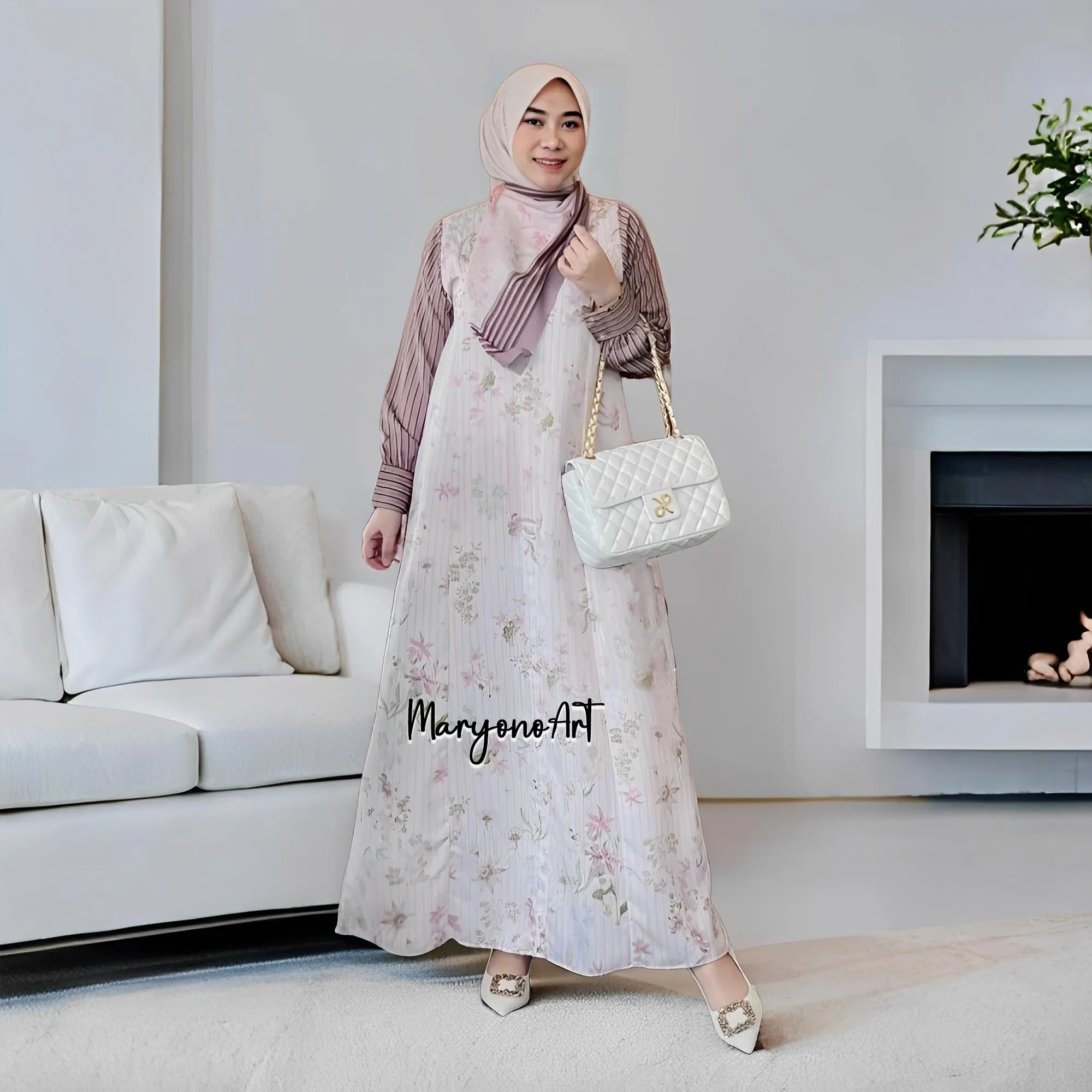 Maylea Dress Beautiful Flower Mix Striped Dress Elegant Muslim Fashion,Muslim Dress,Muslim Dress Wedding,Women Muslim Attire,Women Islamic