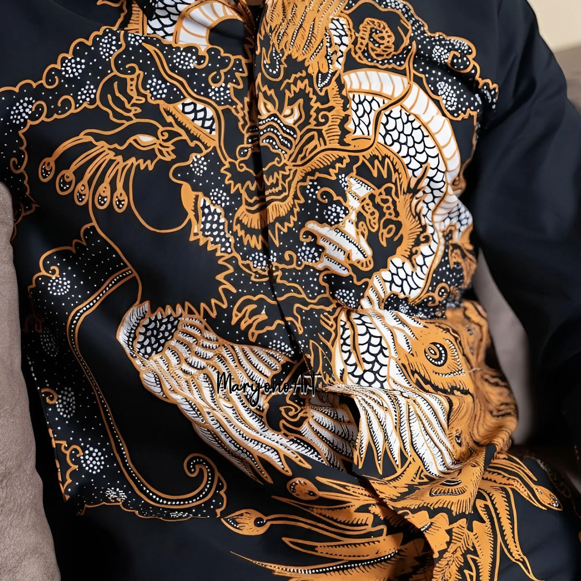 Handmade Indonesian Batik Shirt Men Gold Phoenix Motif Black Shirt Long Sleeve