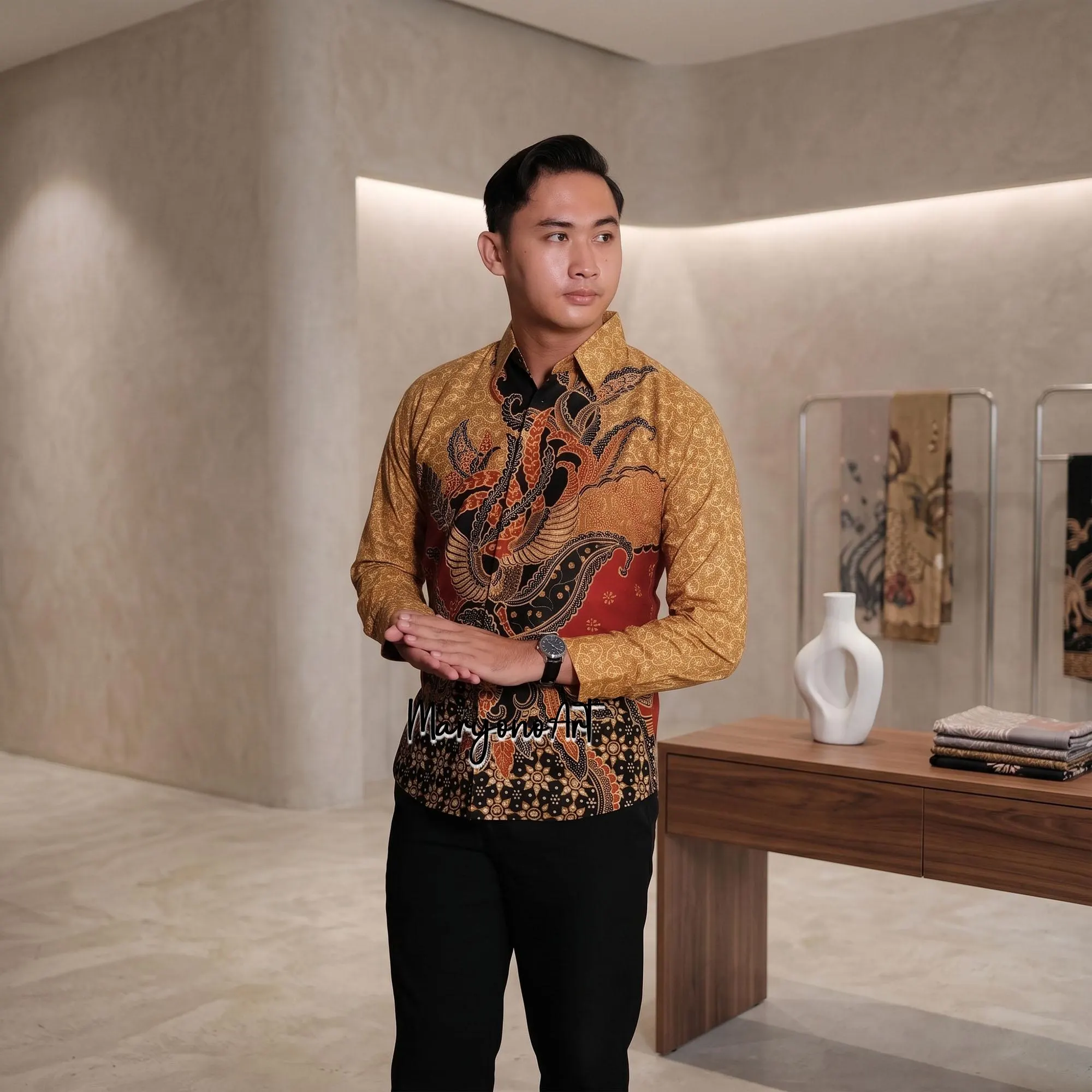 Mens Batik Shirt Bhaskara Long Sleeve Premium Cotton Slim Fit