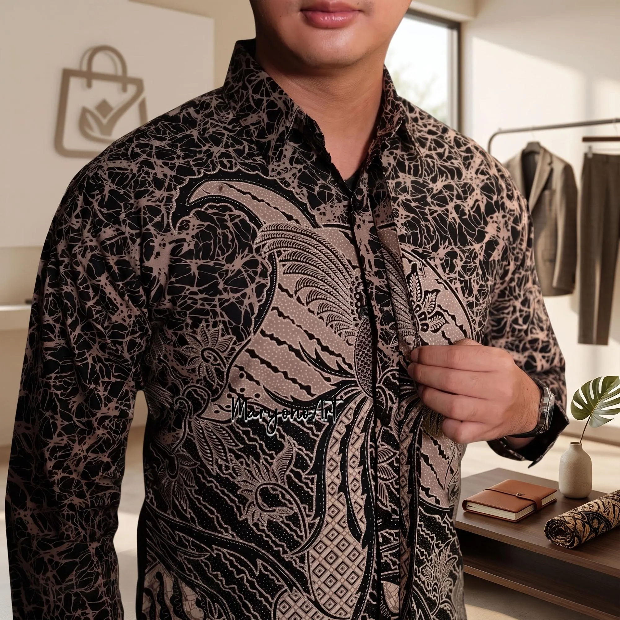 Mens Batik Shirt Raksaka Black Long Sleeve Premium Cotton