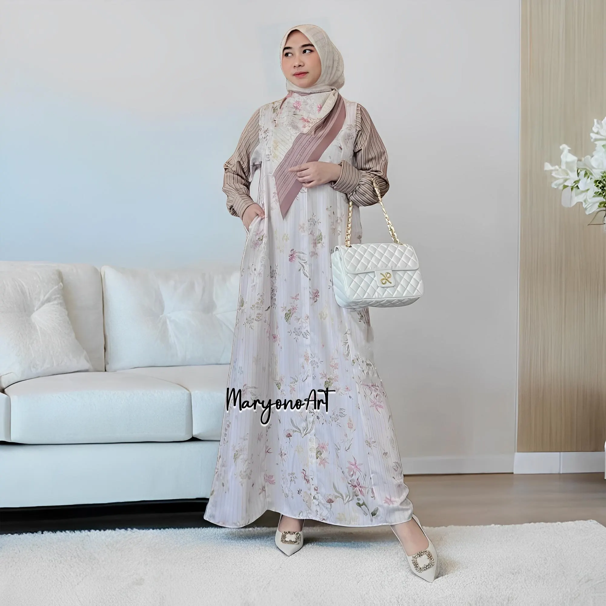 Maylea Dress Beautiful Flower Mix Striped Dress Elegant Muslim Fashion,Muslim Dress,Muslim Dress Wedding,Women Muslim Attire,Women Islamic