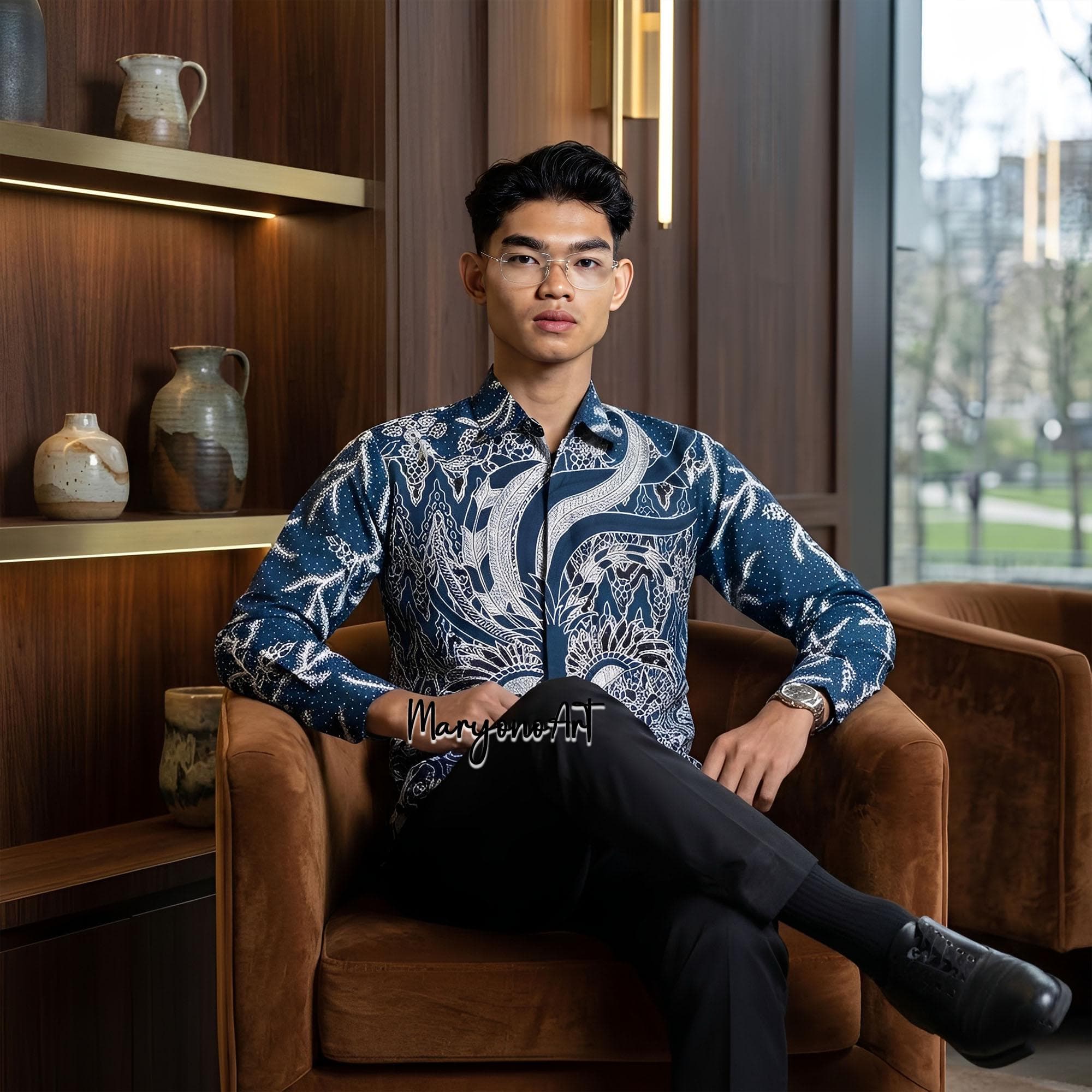 Men Modern Slim Fit Batik Shirt Kencana Pattern Premium Cotton Formal Long Sleeve