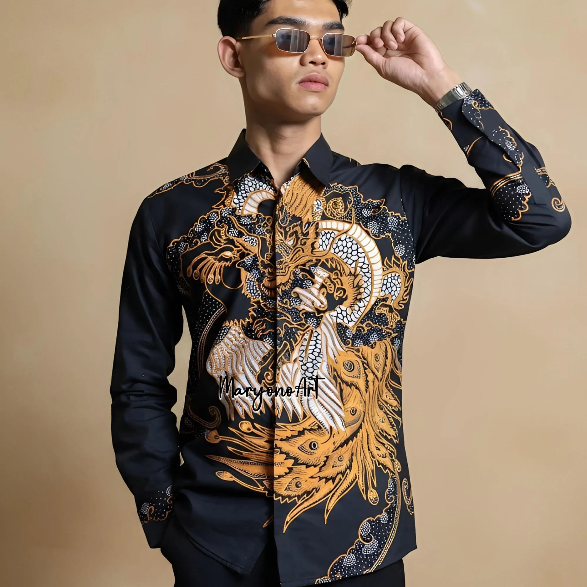 Handmade Indonesian Batik Shirt Men Gold Phoenix Motif Black Shirt Long Sleeve