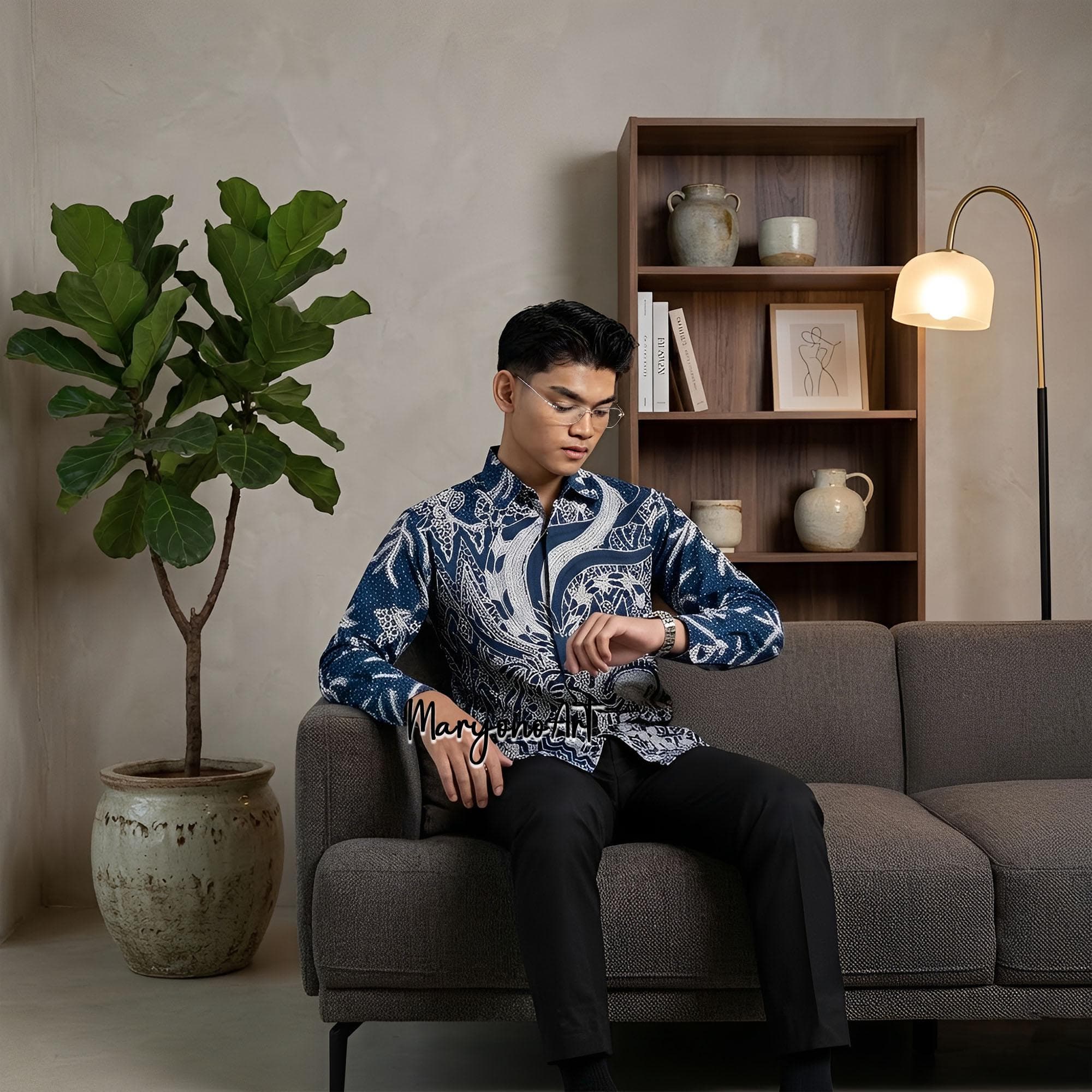 Men Modern Slim Fit Batik Shirt Kencana Pattern Premium Cotton Formal Long Sleeve