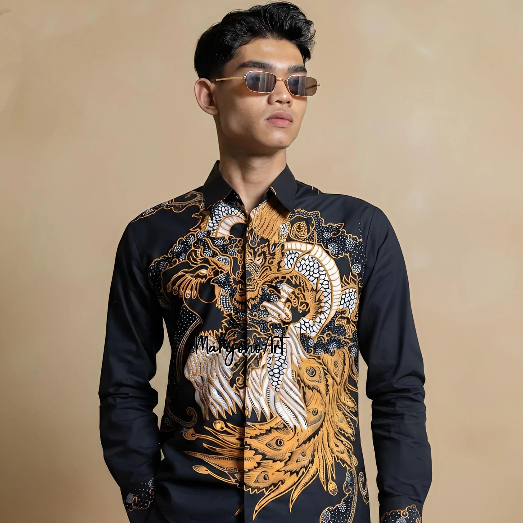 Handmade Indonesian Batik Shirt Men Gold Phoenix Motif Black Shirt Long Sleeve