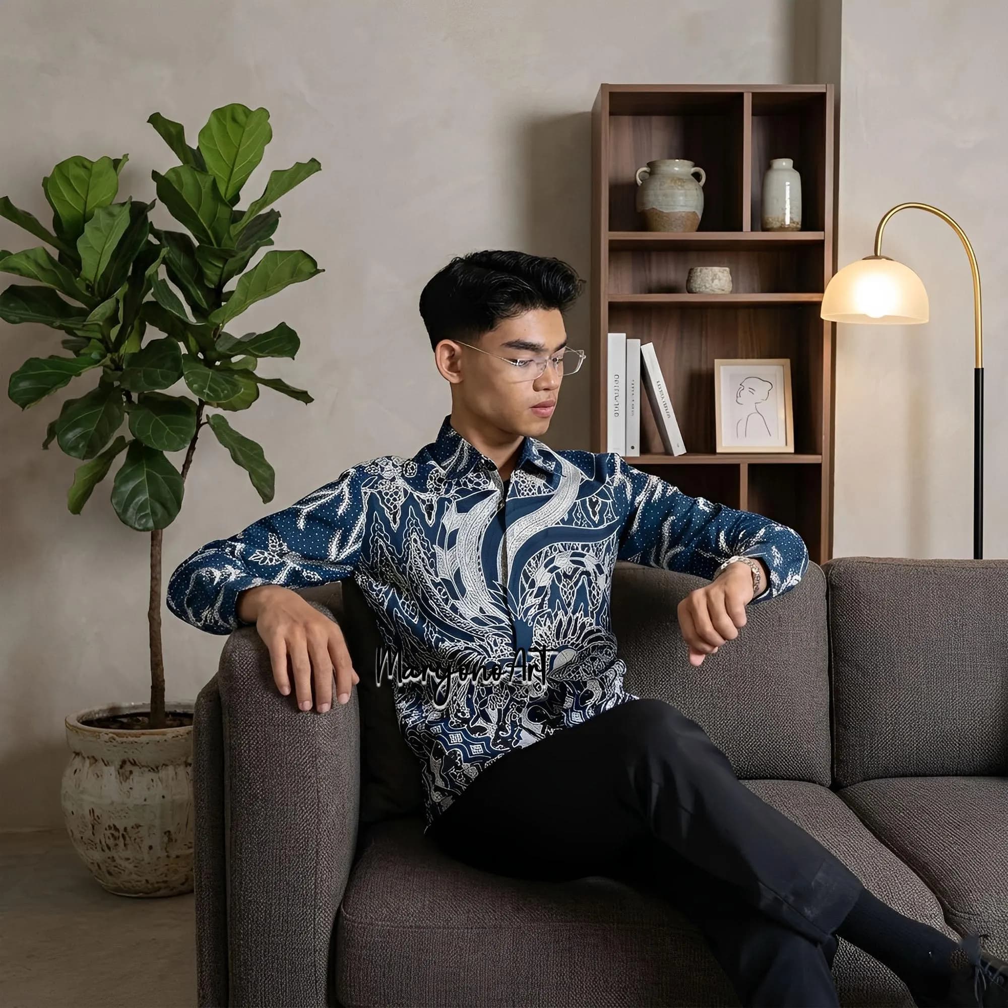 Men Modern Slim Fit Batik Shirt Kencana Pattern Premium Cotton Formal Long Sleeve