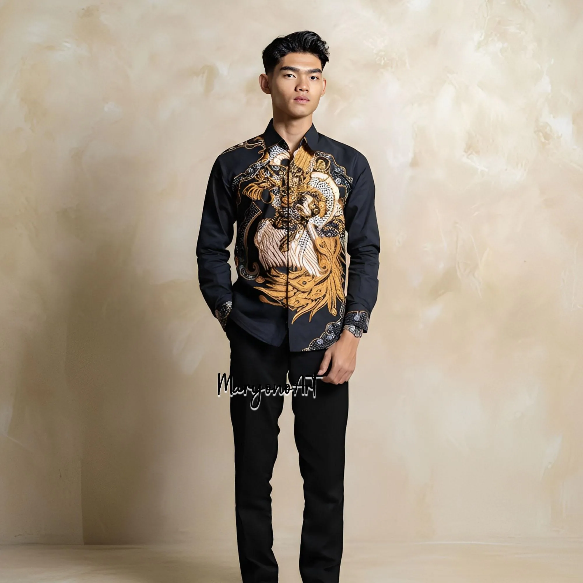 Handmade Indonesian Batik Shirt Men Gold Phoenix Motif Black Shirt Long Sleeve