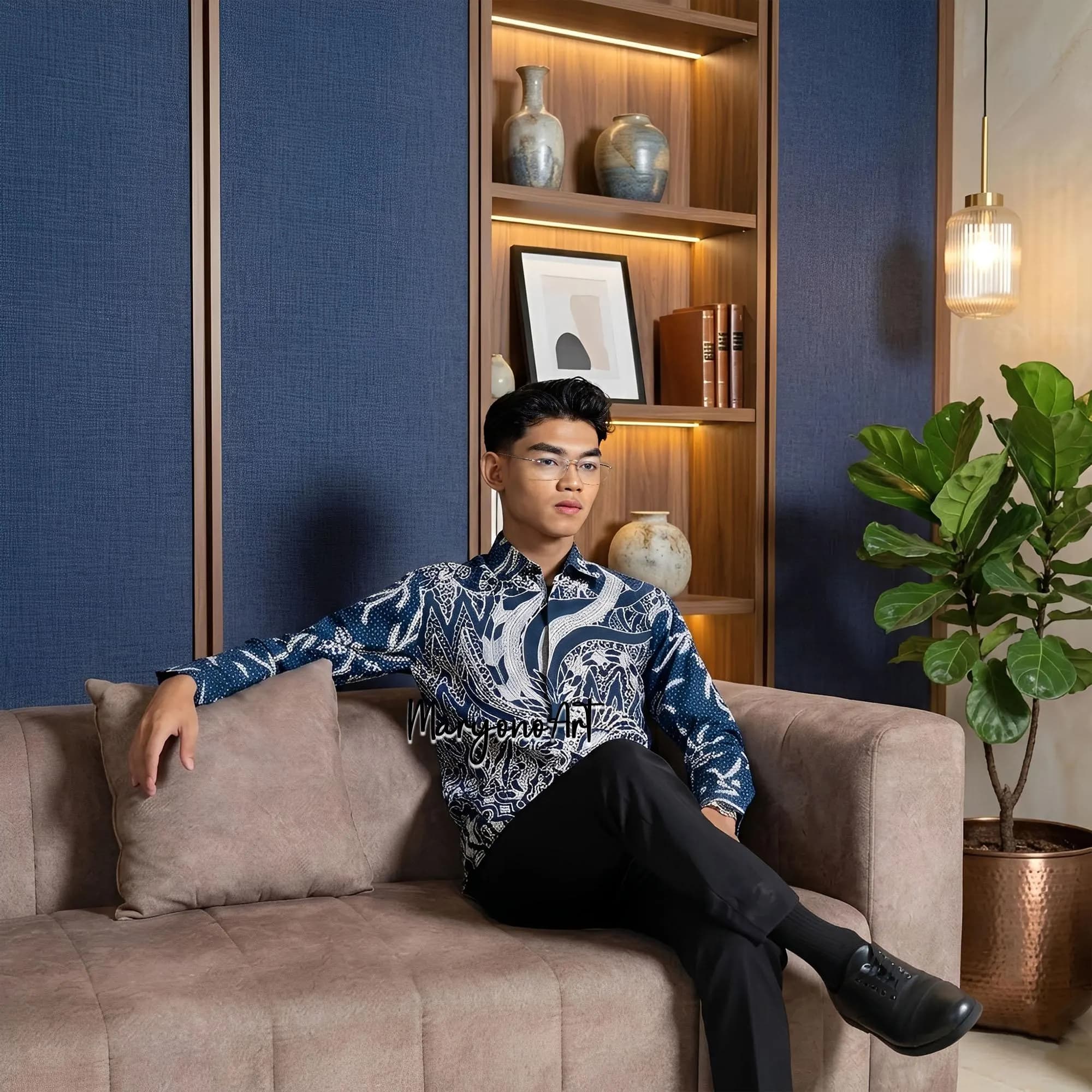 Men Modern Slim Fit Batik Shirt Kencana Pattern Premium Cotton Formal Long Sleeve