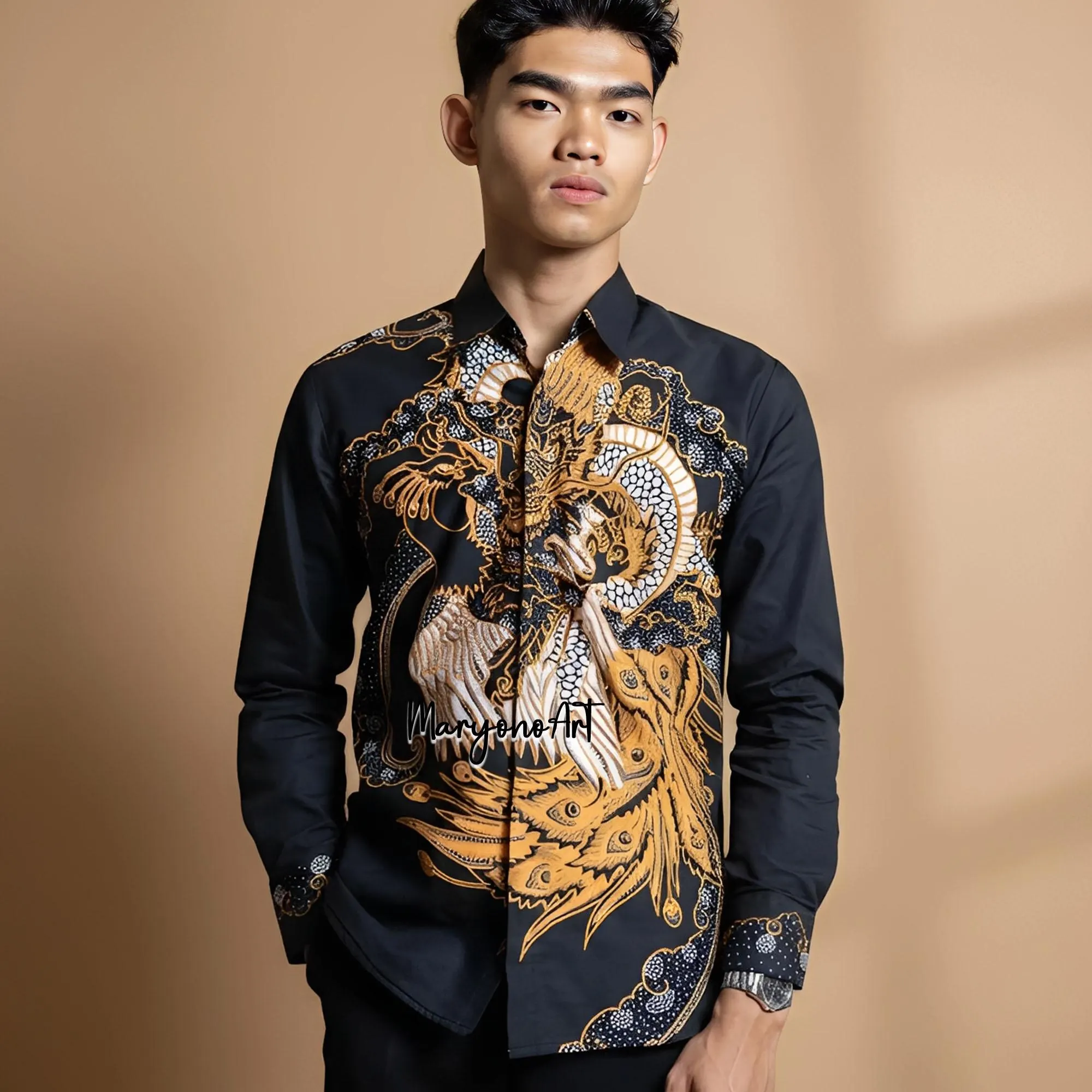 Handmade Indonesian Batik Shirt Men Gold Phoenix Motif Black Shirt Long Sleeve