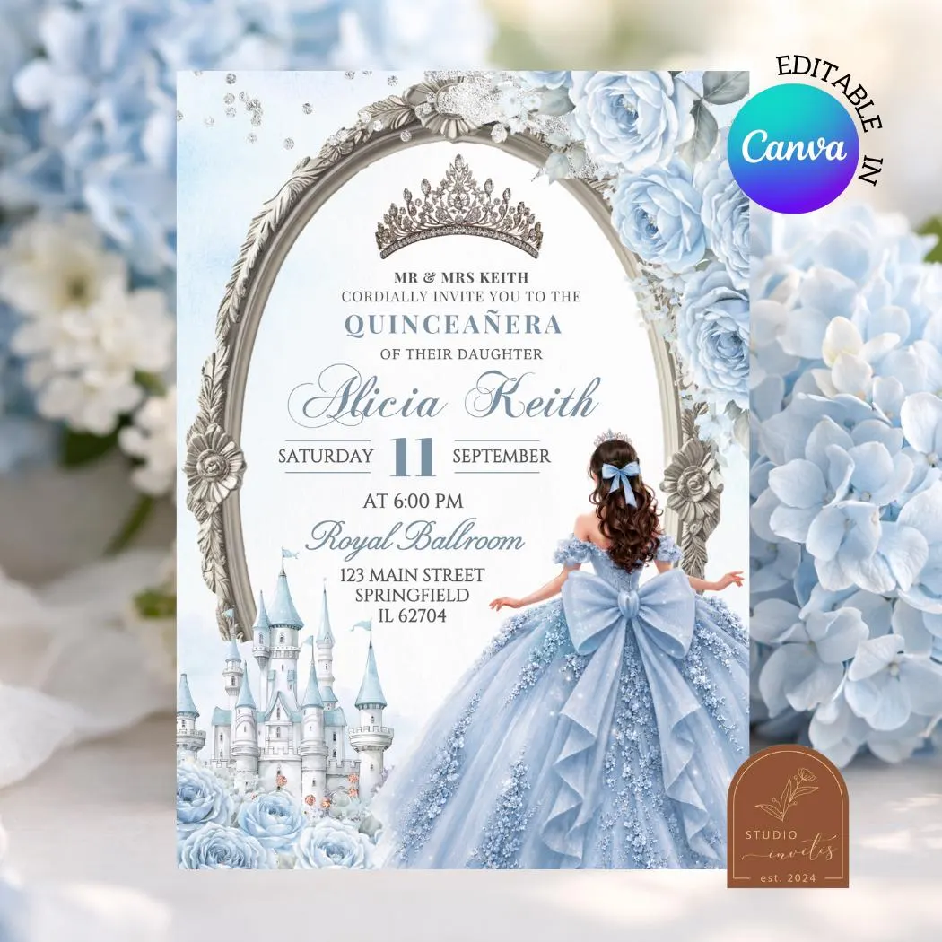 Light Blue Fairytale Princess Quinceanera Invitation, Royal Castle Quinceañera Invite, Canva Editable Silver Crown Mis Quince Tiara Q11