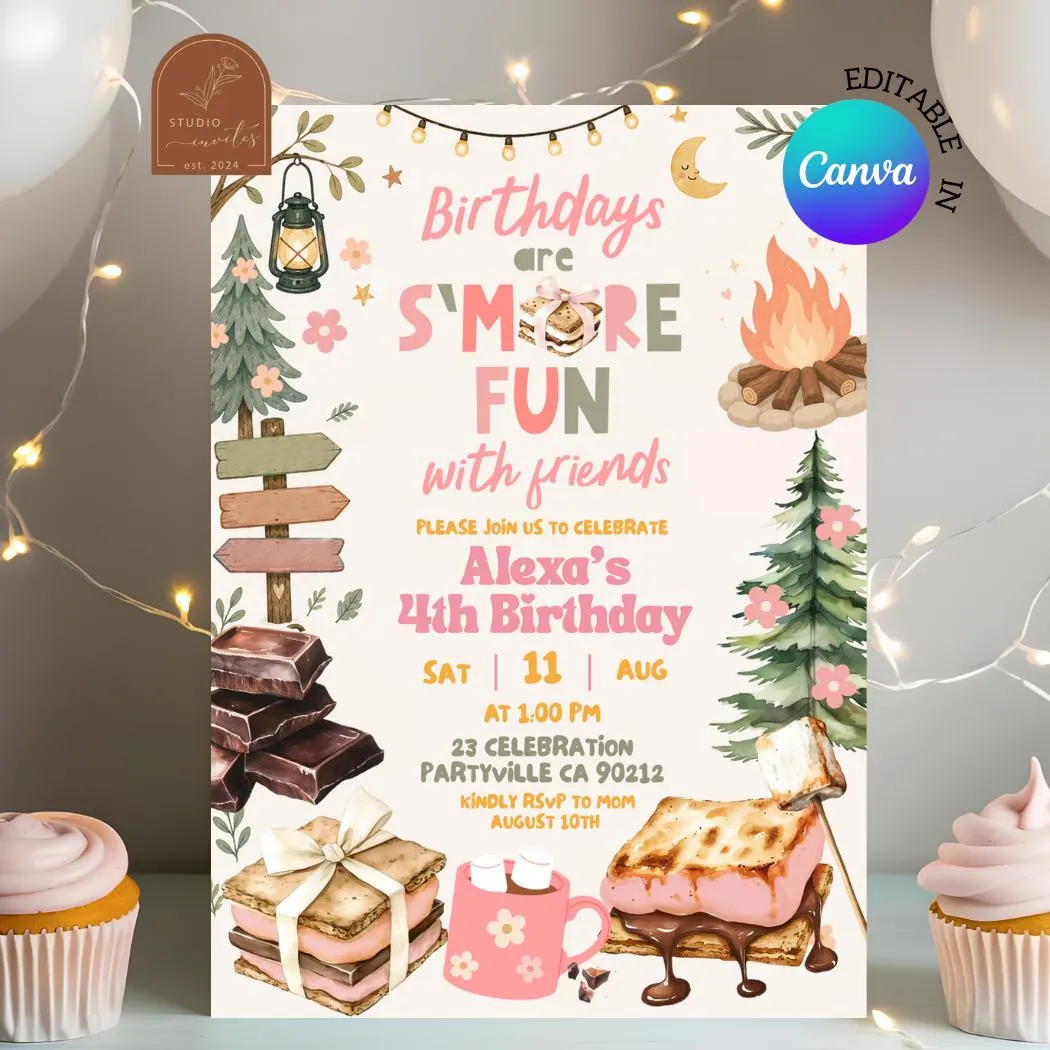 Smores Fun With Friends Girl Birthday Invitation, Adventure Campfire Kids Birthday Invite, Canva Editable Smores Coquette Birthday C237