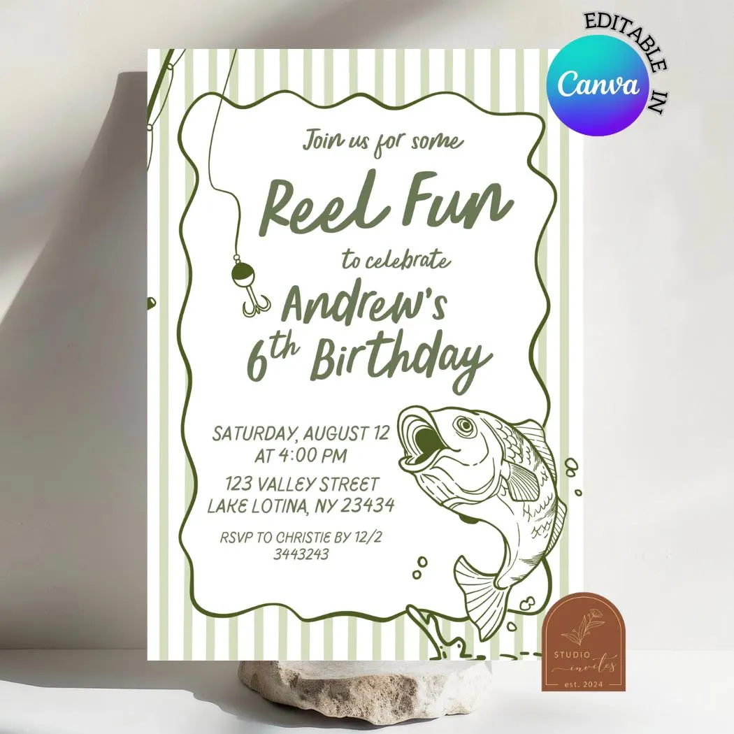 Hand Drawn Fishing Birthday Digital Invitation, Editable Canva Template Reel Fun Birthday Invite, Fisherman Kids Birthday Printables C222