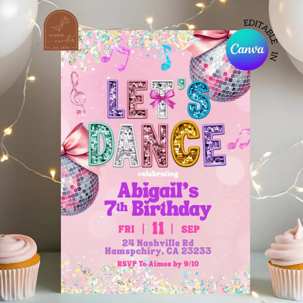 Pink Sequin Glitter Let's Dance Invitation, Pink Coquette Bow Discoball Birthday Invite, Canva Editable Dancer Kids Birthday Party C185