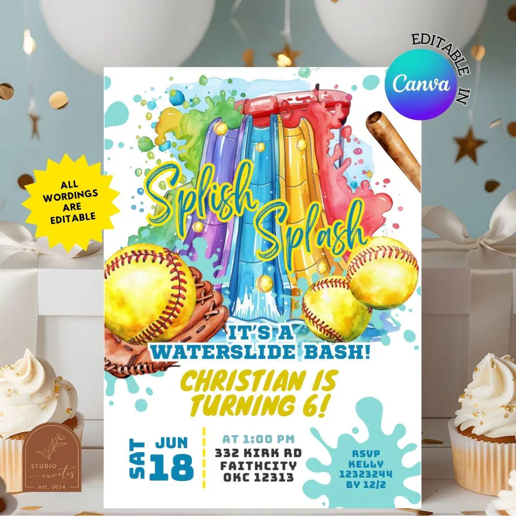 Softball Waterslide Pool Party Birthday Invitation, Summer Splish Splash Pool Party Birthday Invitation, Canva Editable Template, C133